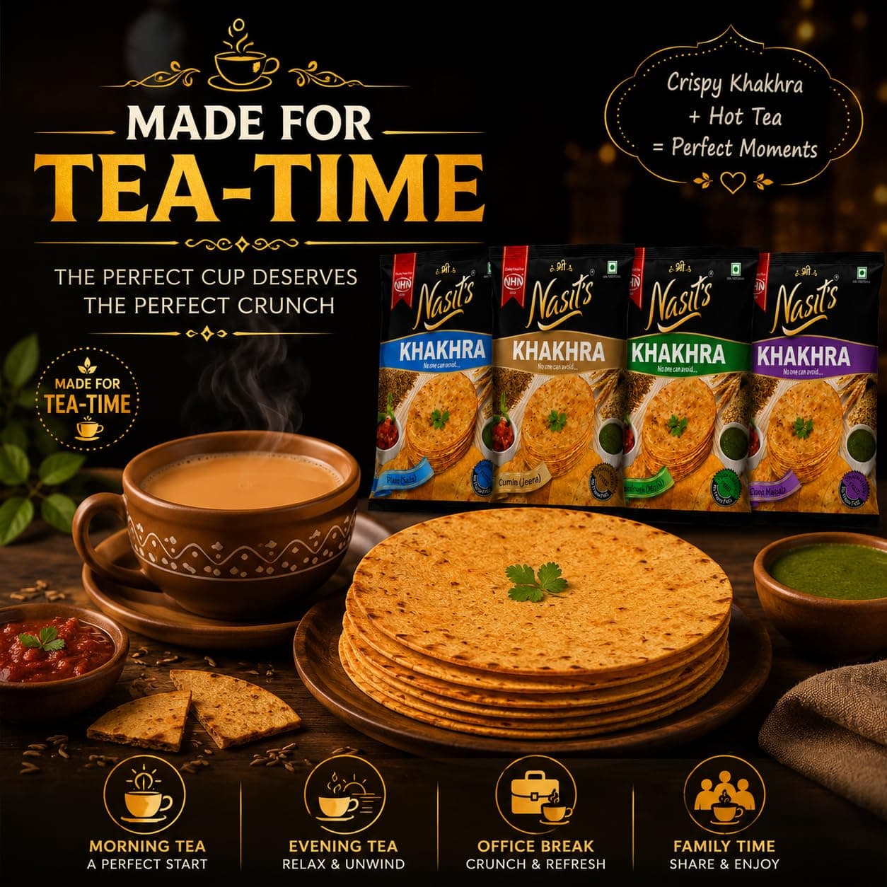 Nasit's Tea-Time Khakhra Combo Pack | Plain, Jeera, Methi & Chat Masala Flavors | Roasted Whole Wheat Gujarati Snack Assortment | 4 x 200g (800g) — image 7