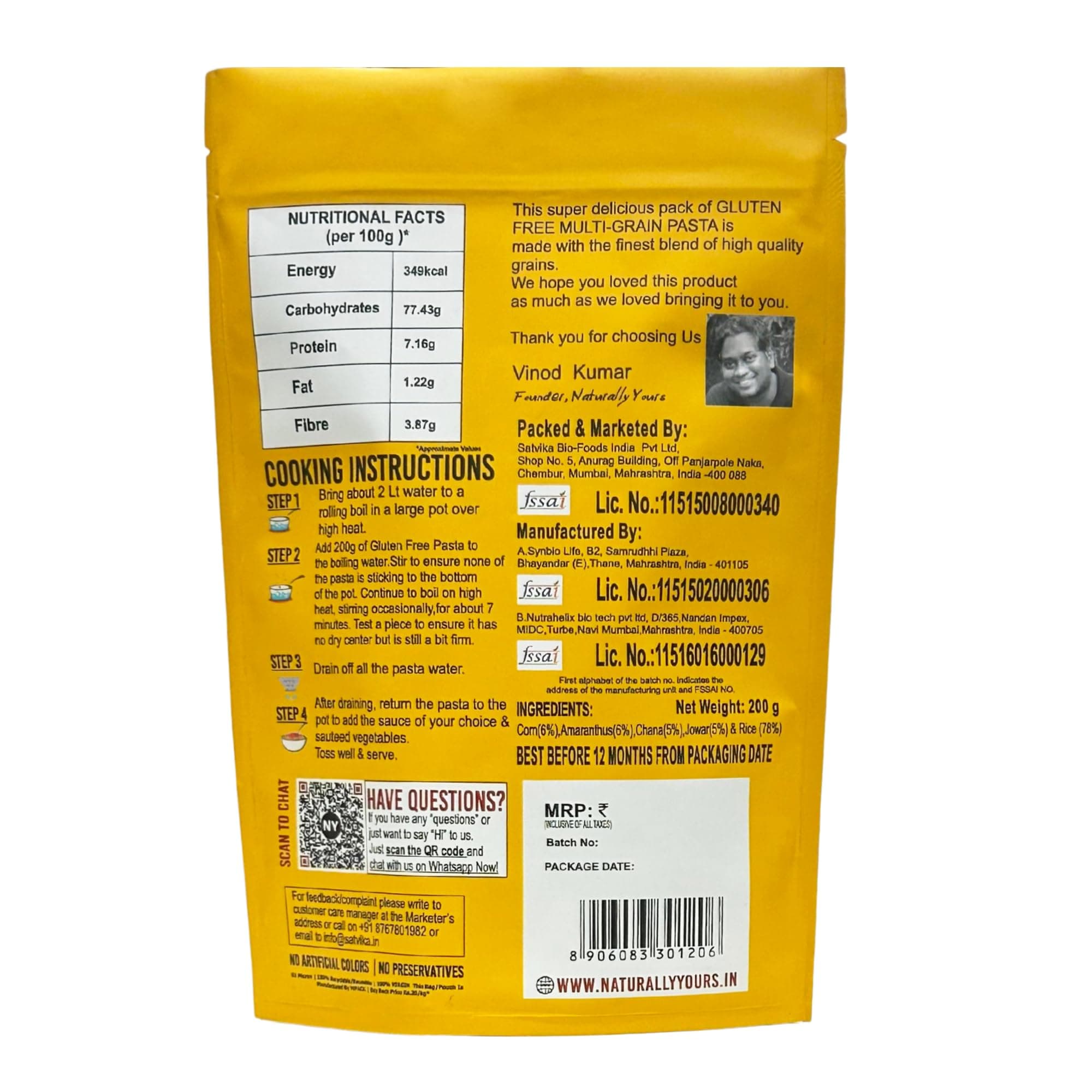 Naturally Yours Gluten Free Multigrain Pasta | Corn, Amaranth, Bengal Gram, Jowar & Rice | No Maida, Preservative Free, Vegan, No Onion No Garlic, Jain Friendly | High Fiber & Protein | 200g Pack of 2 — image 3