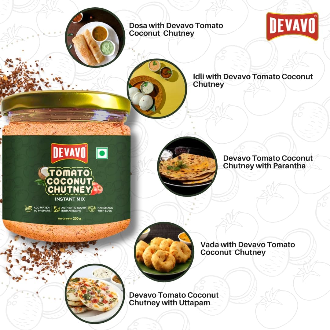 Devavo Tomato Coconut Chutney Powder | Just Add Water to Prepare | Authentic South Indian Recipe | No Onion & Garlic | No Artificial Colour & Flavour | No Preservatives (200 g) — image 5