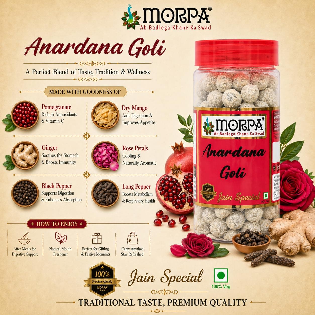 Morpa Anardana Goli Jain Special | Tangy Digestive Candy & Mouth Freshener | Traditional Anardana Pachak Goli | Refreshing After Meal Treat | Hygienically Packed, 100% Veg — image 4