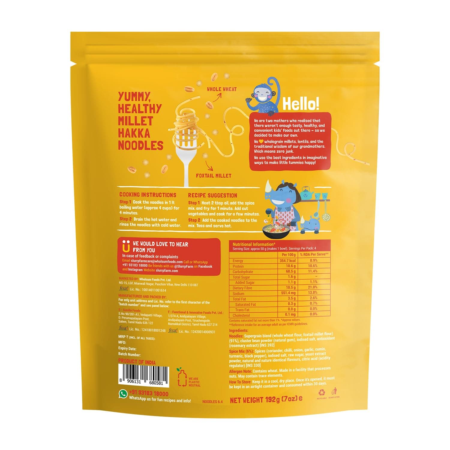 Slurrp Farm No Maida Millet Noodles | Not Fried, No MSG | Classic Masala Millet Noodles Pack of 3-192g Each — image 6