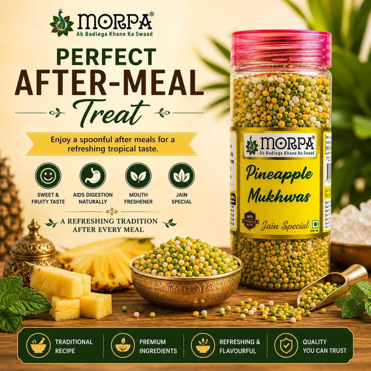 MORPA Pineapple Mukhwas, Jain Special, with Fennel Seeds, Dates, Amaranth Seeds & Menthol, 100% Veg — image 3
