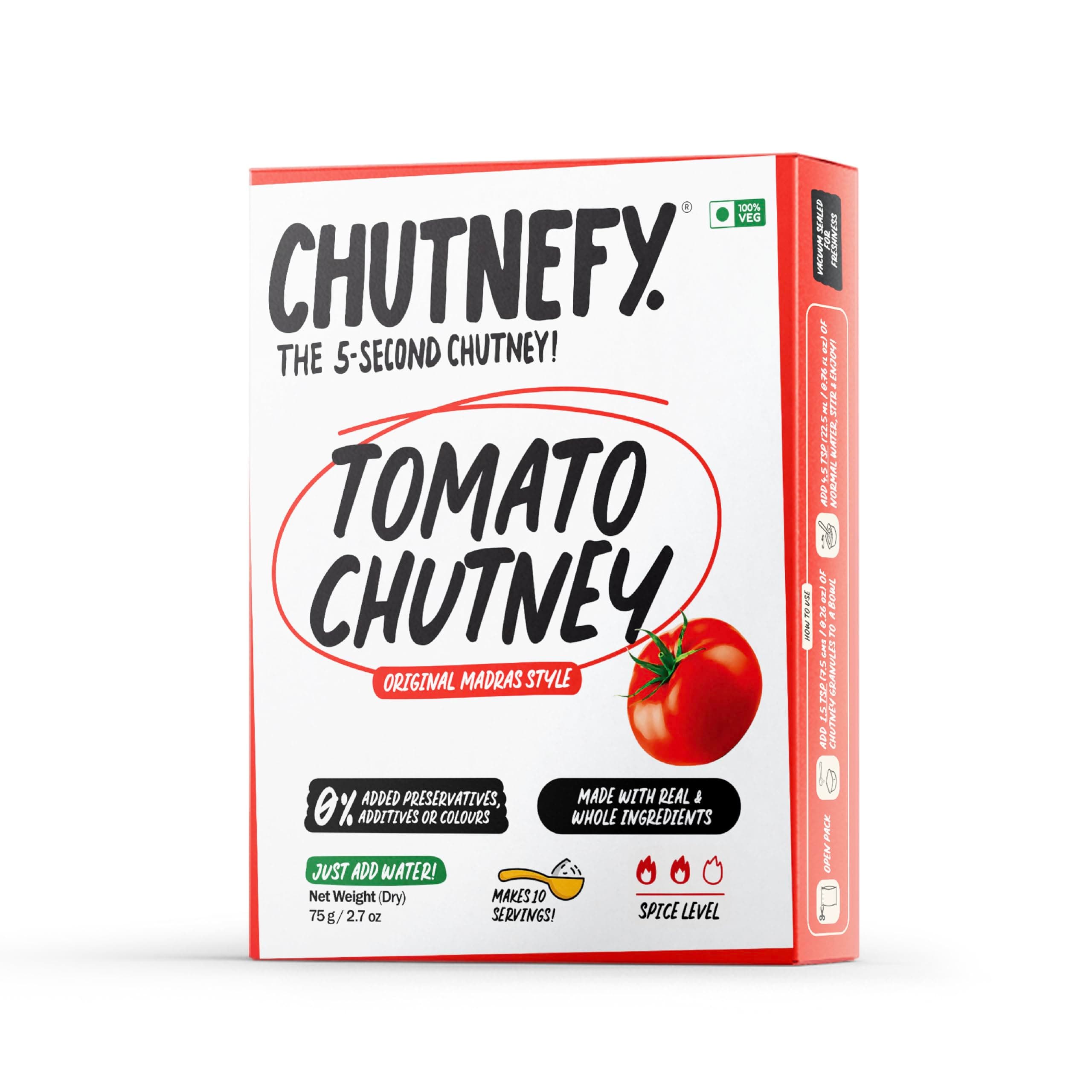 Chutnefy Tomato Chutney | 75g Freeze-Dried Instant Dry Mix | Just Add Water to make 10 servings (300g) | 0% Preservatives or Additives