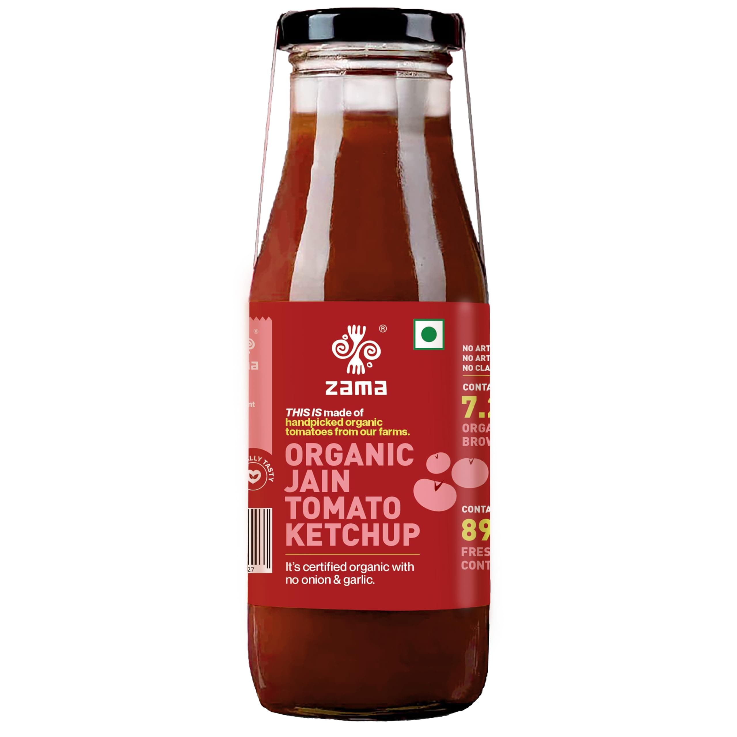Zama Organic Jain Tomato Ketchup 300g Glass Bottle | Tomato Sauce | Ingredients | Tomatoes | Tangy and Raw Flavour | Traditionally Produced |