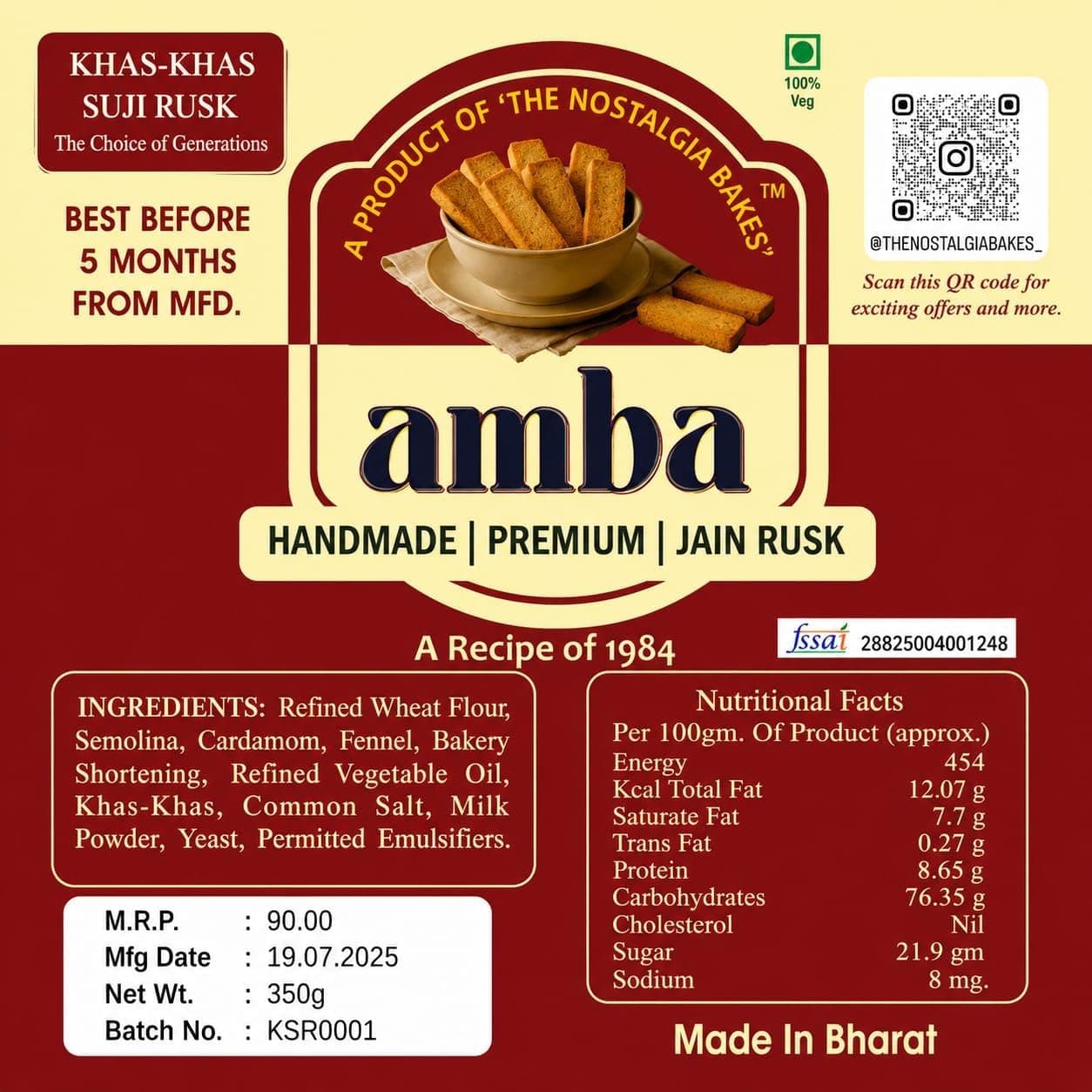 Khas-Khas Suji Rusk (350g) – Premium Poppy Seed Semolina Toast – Handmade Jain Rusk with Cardamom & Fennel – Traditional 1984 Recipe – Crispy Tea-Time Snack — image 2