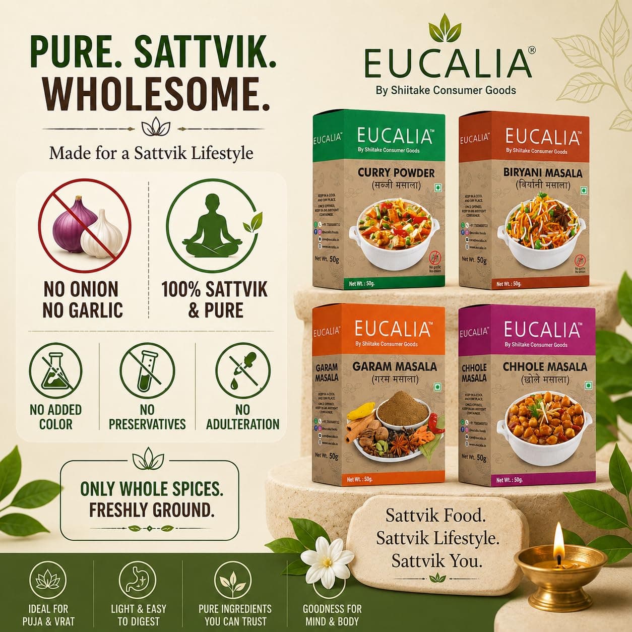 EUCALIA SATTVIK (No Onion No Garlic) Masala Range | Curry Powder (Sabji Masala), Biryani Masala, Garam Masala & Chhole Masala Combo (50g Each)| No Preservatives, No Added Colours, No Artificial Flavours — image 4