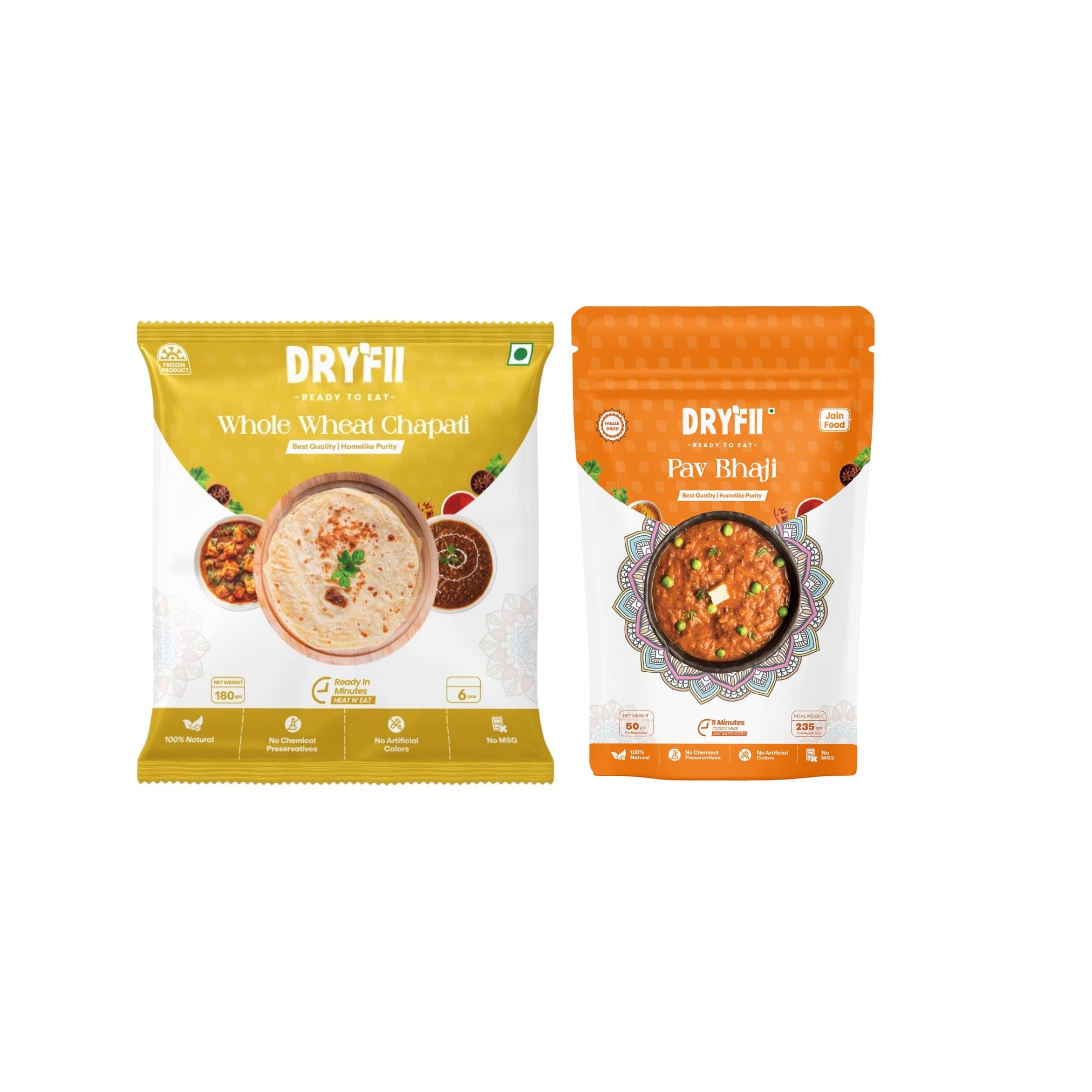Dryfii Ready-to-Eat Chapati with Jain Pav Bhaji | 6 Chapati in 1 Pack | No Onion No Garlic Street Style Combo Meal | Satvik & Tasty Indian Food