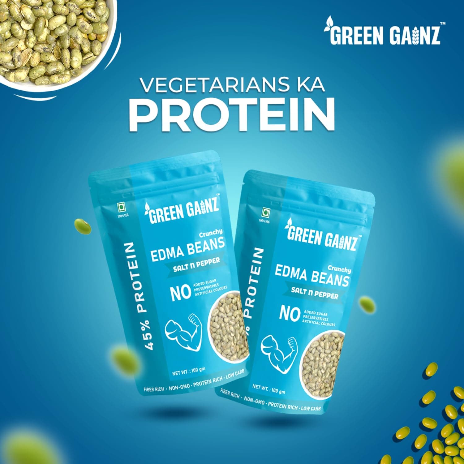 Green Gainz Roasted Edamame Salt n Pepper Flavour 100gm | Healthy Namkeen Snacks | Vegan | High Protein Snack | Weight Loss Friendly | No Palm Oil | Roasted, Not Fried — image 4