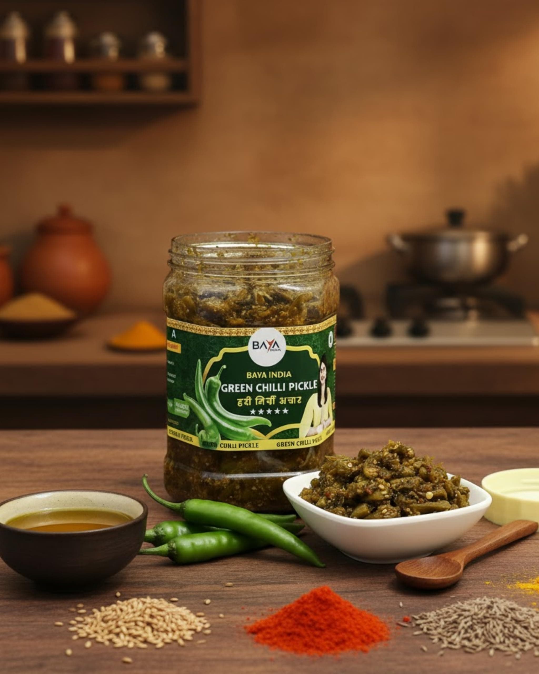 Baya India Homemade Hari Mirchi ka Achar | Green Chilli Pickle | Teekha mast | Spicy & Tangy | No Chemical & No Preservatives | Sun-Dried | No Vinegar | No Garlic & No Onion | 350g Plastic Jar — image 5