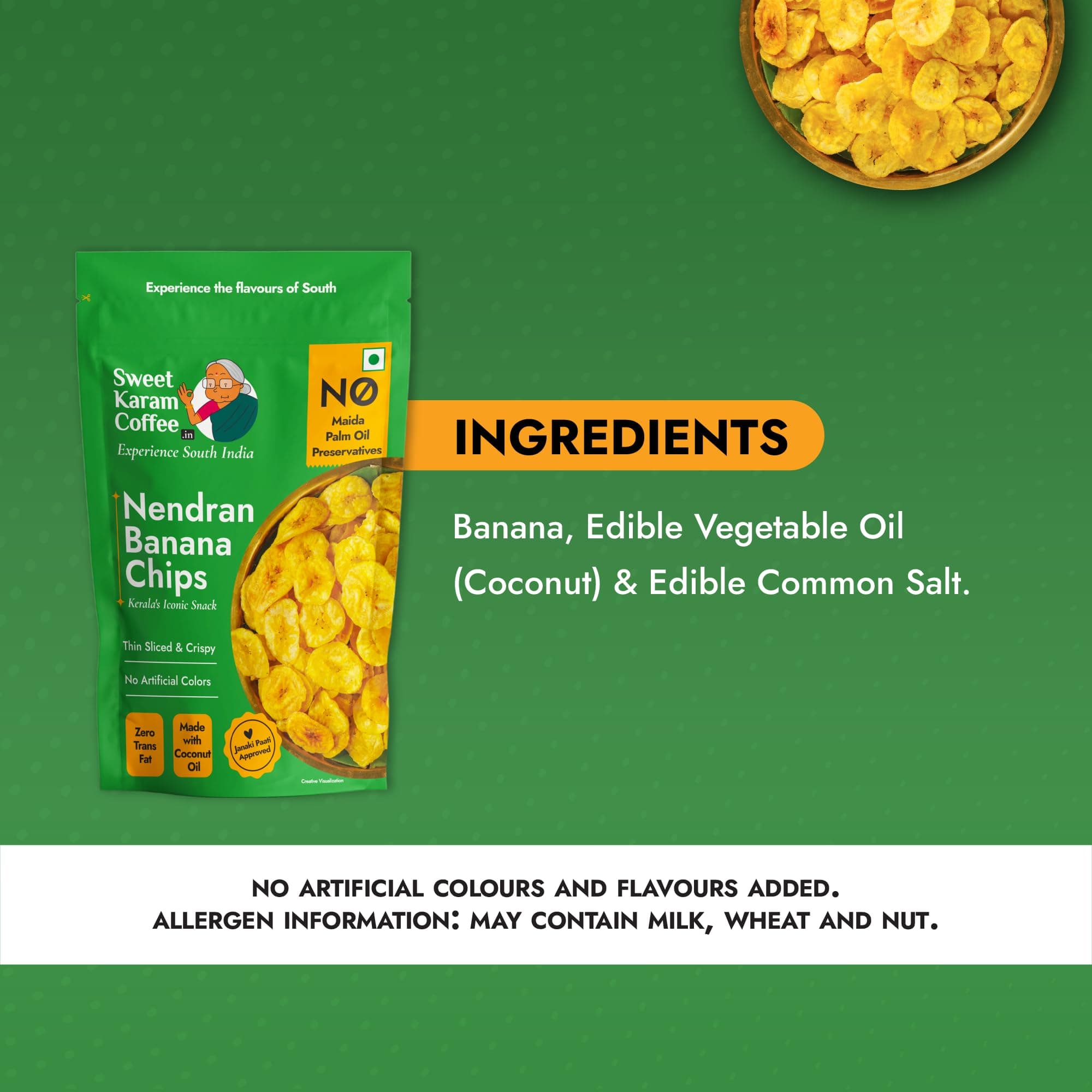 Sweet Karam Coffee Nendran Banana Chips – 95 grams | Made with 100% Coconut Oil | No Preservatives | Kerala Special Crispy, Thin Sliced Yellow Plantain Wafers | Healthy Tea Time Snack — image 6