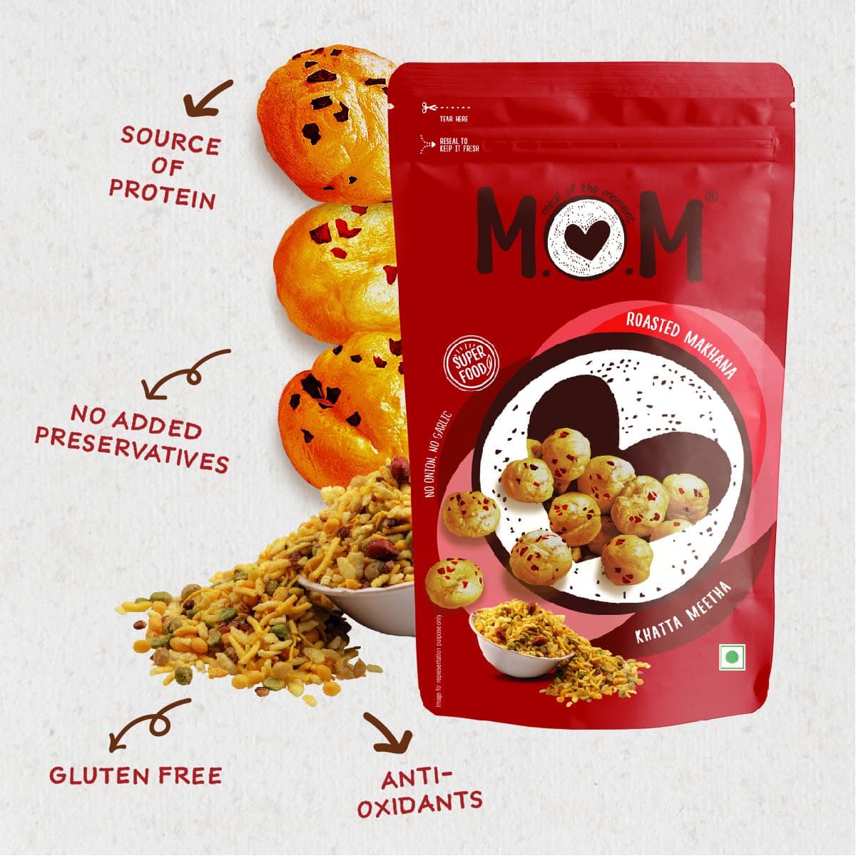 MOM - Meal of the Moment, Roasted Khatta Meetha Makhana (Pack of 2), 52g /64g - Gluten Free | Anti Oxidants | MSG Free | Zero Trans Fat | No added Preservatives and No Artificial Flavours | No Onion No Garlic — image 6