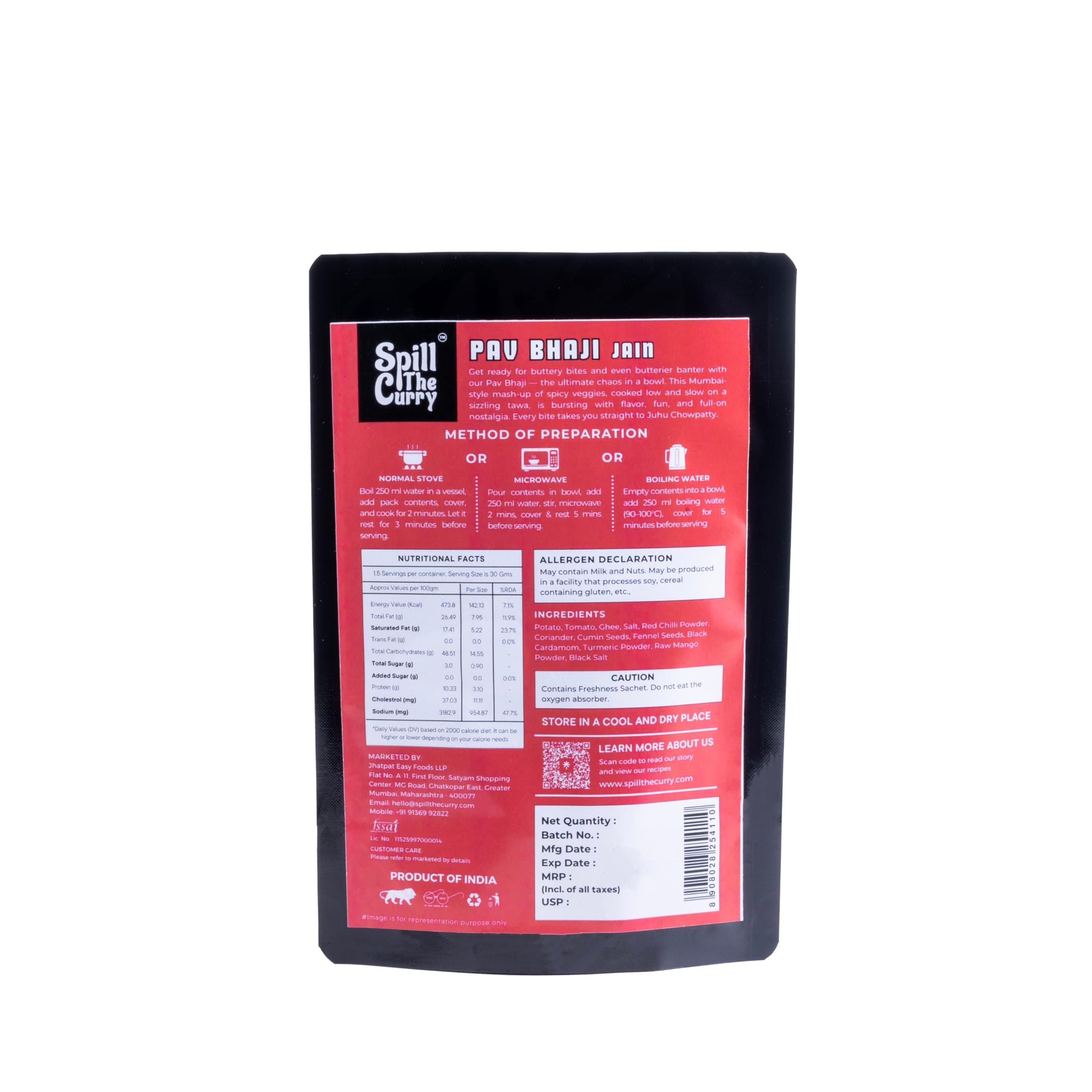 SPILL THE CURRY Mumbai Pav Bhaji Jain Ready to Eat | No Onion No Garlic | Authentic Street Food | Freeze Dried Instant Meal | Add Hot Water | Pure Ghee | Travel Friendly | Combo Pack of 5 (60g Each) — image 4