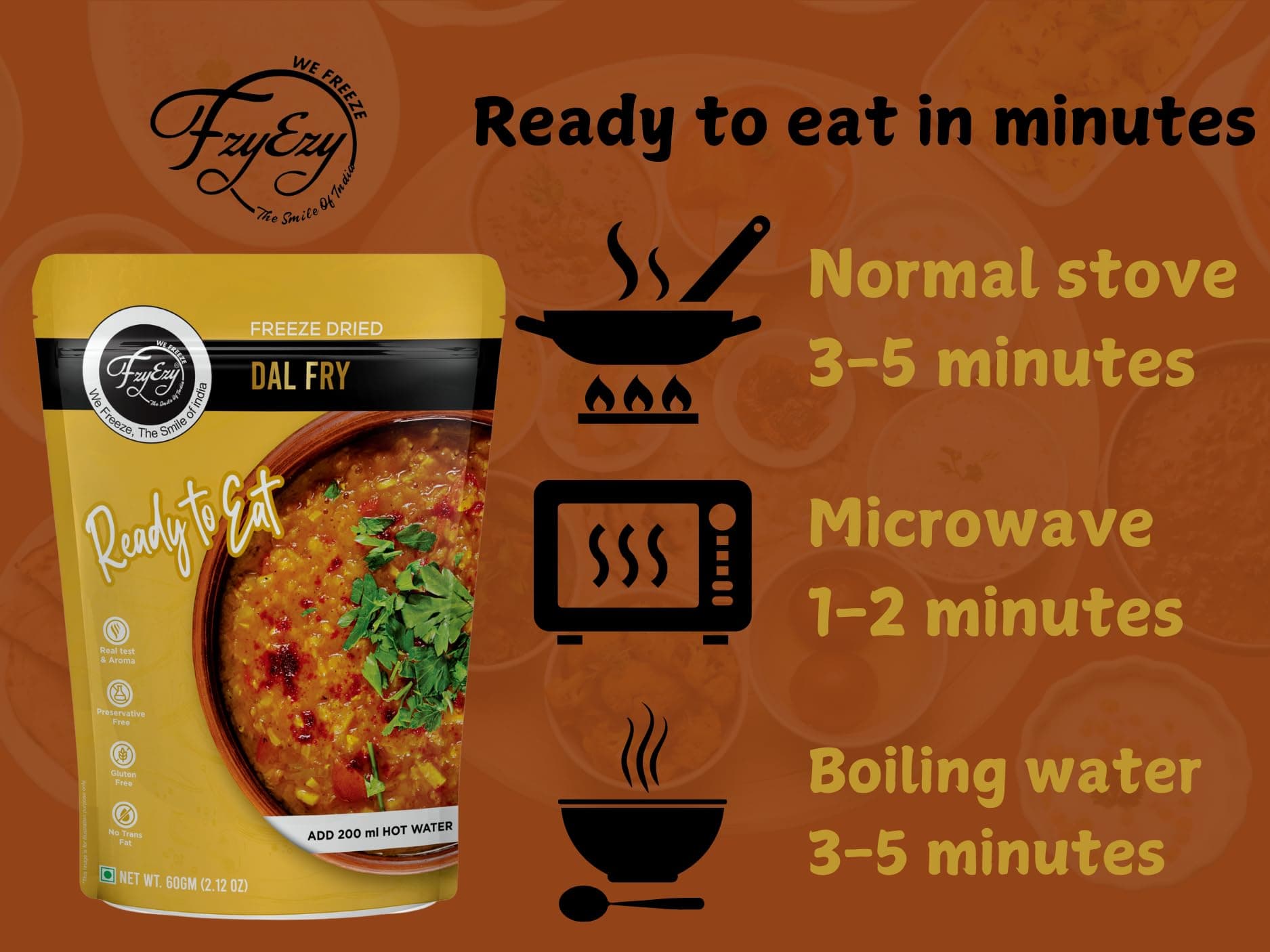 Jain Dal Fry | Freeze-Dried | 100% Natural Ready to Eat Meal | Authentic Indian Taste | Preservative-Free, Gluten-Free & No Trans Fat | Instant Meal – Add 200ml Hot Water | 60gm Pack — image 8