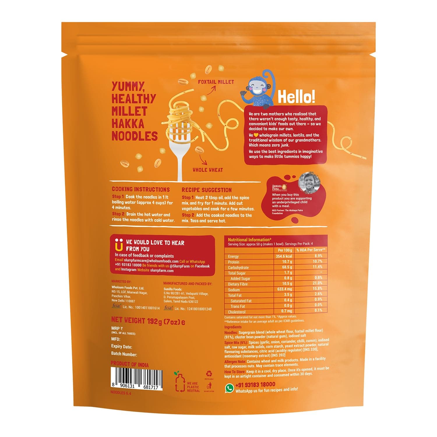 Slurrp Farm No Maida Hakka Noodles Combo, Not Fried, No MSG, Classic, Mild and Curry Masala Millet Noodles, Pack of 3 X 192 g — image 9