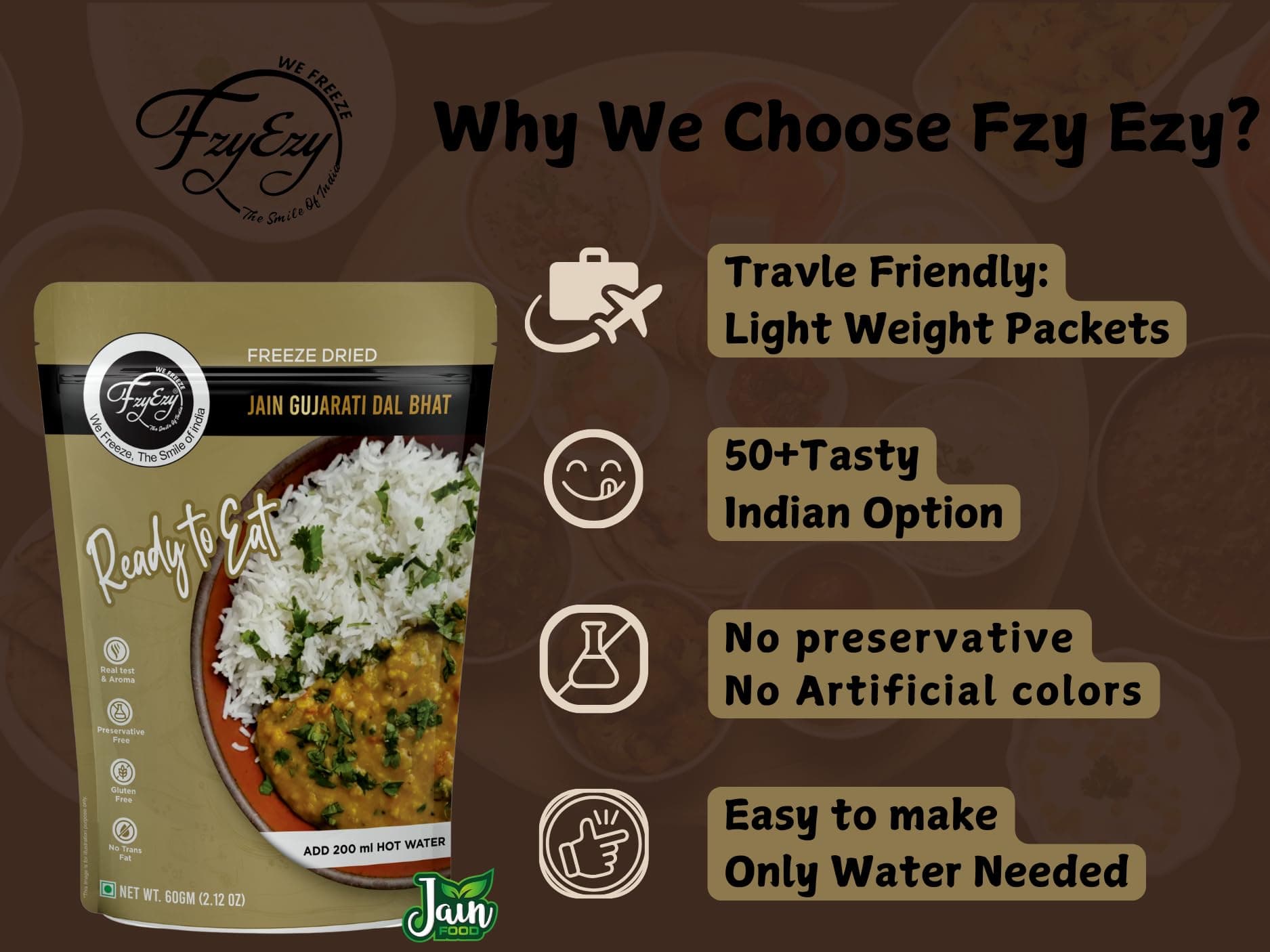 FzyEzy Freeze-Dried Jain Gujarati Dal Bhat | Authentic Jain Gujarati Culinary Experience | Traditional Satvik Ready-to-Eat Indian Meal | Gluten-Free & Preservative-Free | Nourishing, Quick-Prep Comfort Cuisine | 60g Pack — image 7