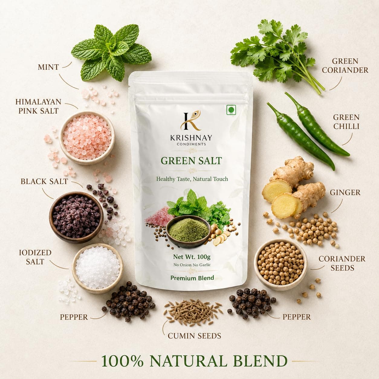 KRISHNAY Condiments Natural Green Salt Seasoning 100g | Herbal Mineral Salt Blend with Mint, Coriander & Spices | No Onion No Garlic Flavoured Salt Mix | Natural Masala Salt for Chaat, Salad, Fruits & Buttermilk — image 3