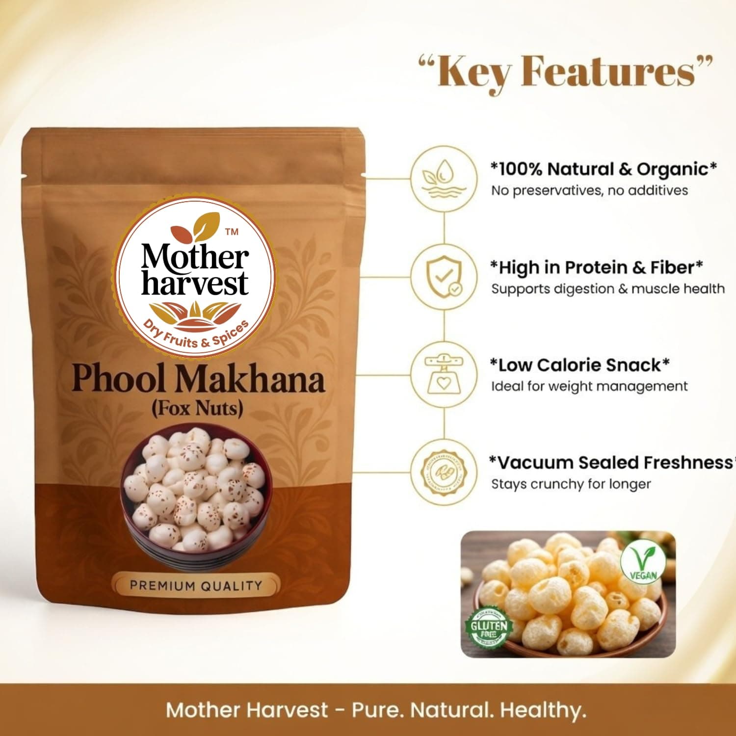 Mother harvest Prasadam Makhana | Crunchy Phool Makhana | Handpicked 4+ Sutta | Fox Nuts/Lotus Seeds | Gorgon Nut | Healthy Diet Immunity Booster Snacks | Rich in Calcium & Maintains Weight | 200gm — image 8