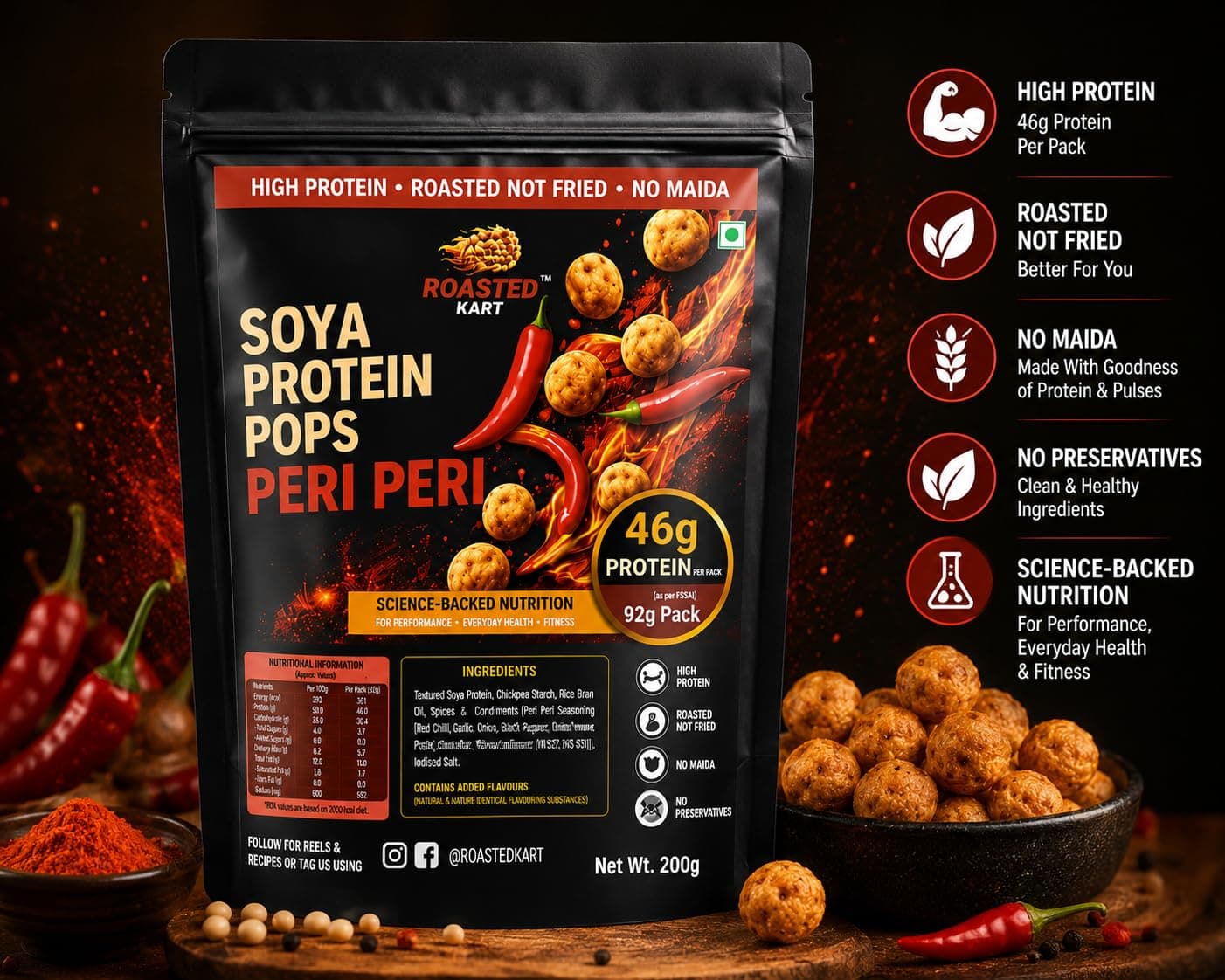 Roasted Kart Soya Protein Pops, Peri Peri Flavour, High Protein 92g per Pack, Roasted Not Fried, No Maida, 200g — image 2