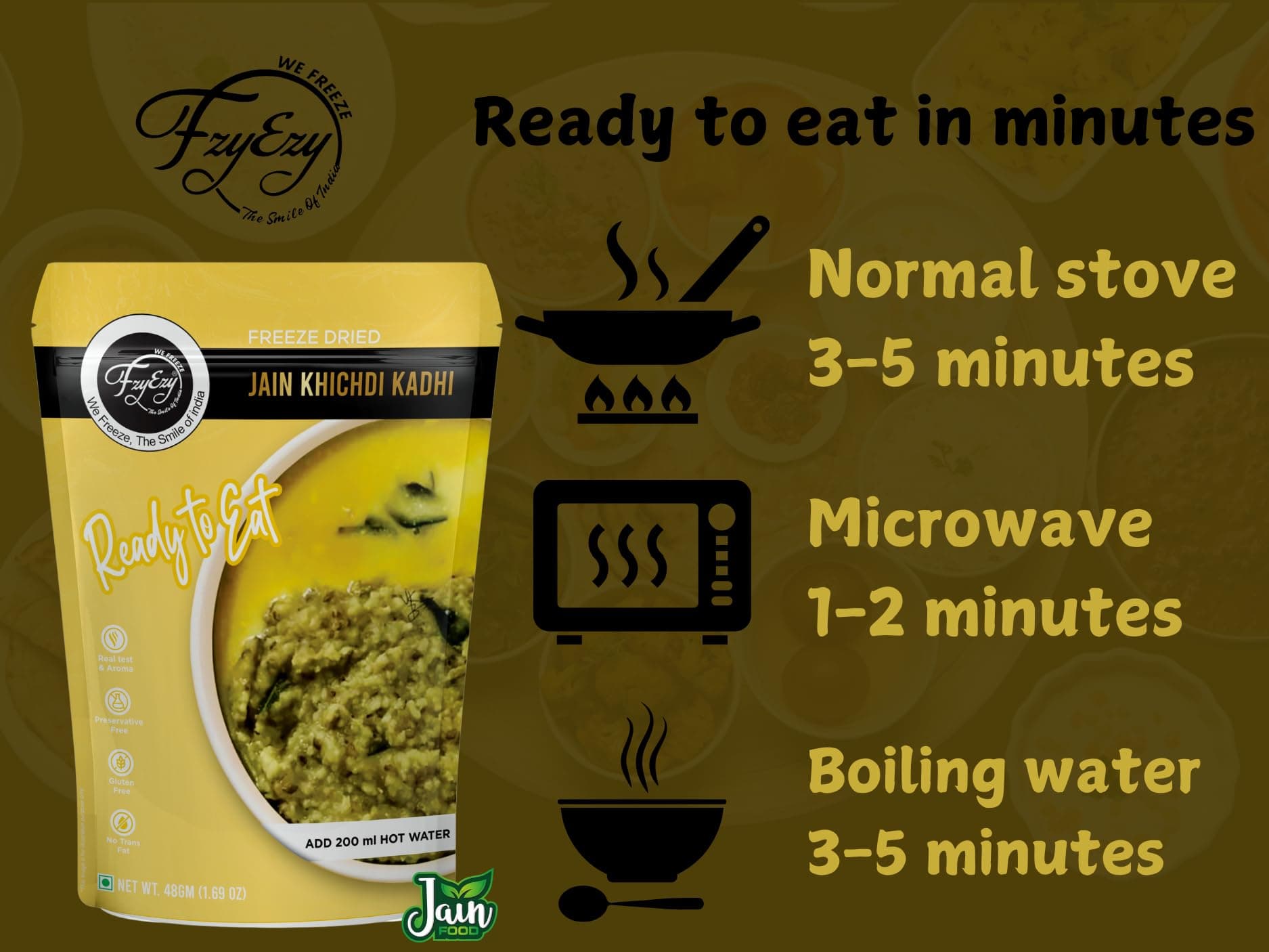 FzyEzy Freeze-Dried Jain Kadhi Khichdi | Instant Ready-to-Eat Meal | Pure Vegetarian | No Onion, No Garlic | Gluten-Free & Preservative-Free | Just Add Hot Water (48g) — image 8
