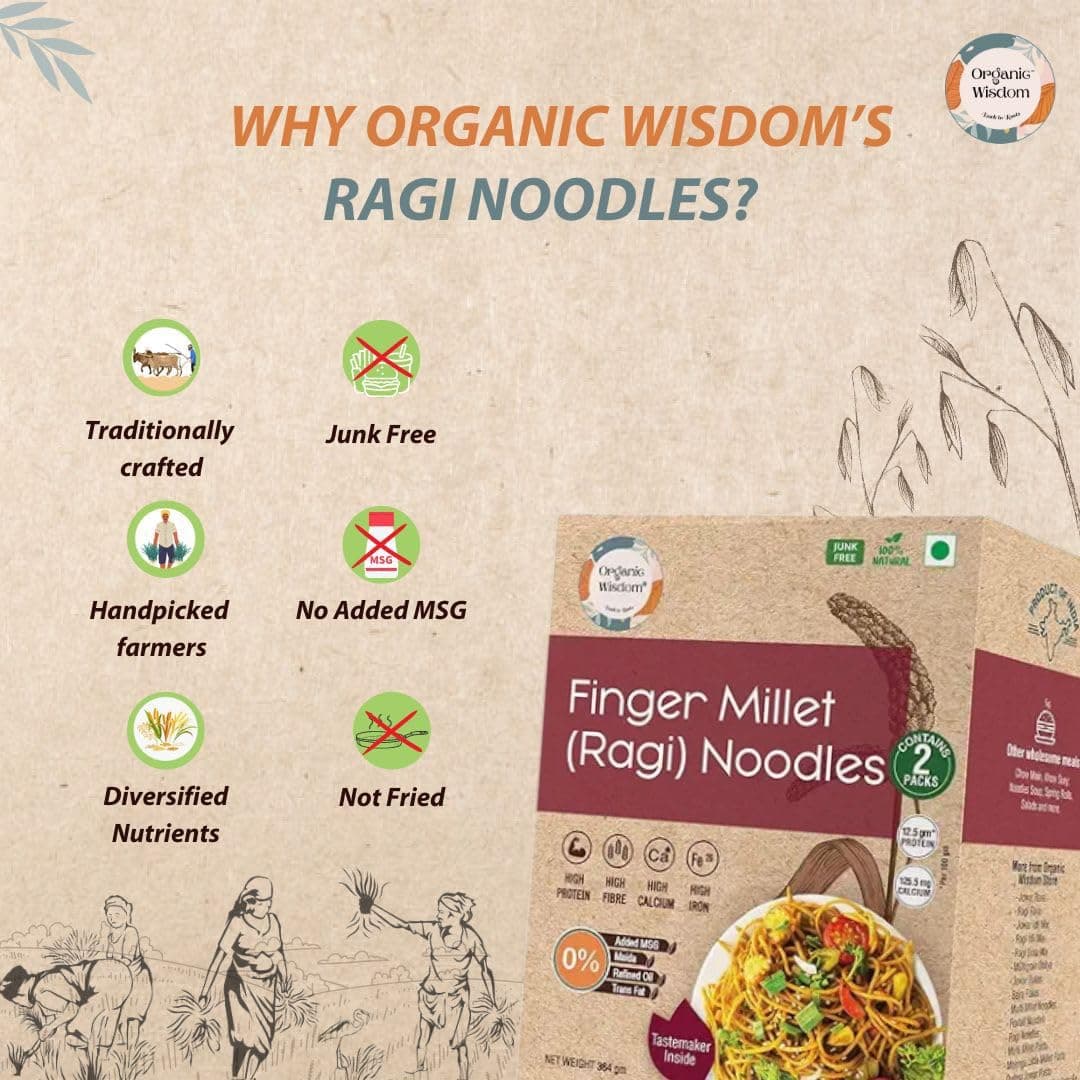 Organic Wisdom Ragi Noodles (Finger Millet) | Healthy Millet Noodles, Pack of 2 – 192g Each | No Maida, Not Fried, Sun Dried | No MSG, No Junk | High Calcium, Iron & Protein | Tastemaker Inside — image 2