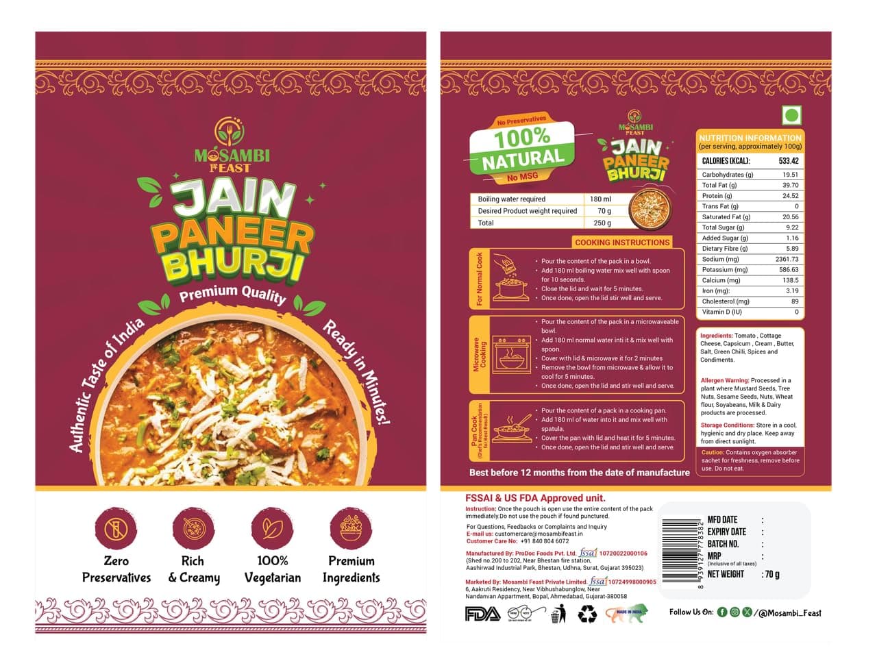 MOSAMBI FEAST Ready-to-Eat Jain Paneer Bhurji | 100% Natural Zero Preservatives | Rich Creamy Authentic Indian Flavors | Healthy Vegetarian Meal — image 2