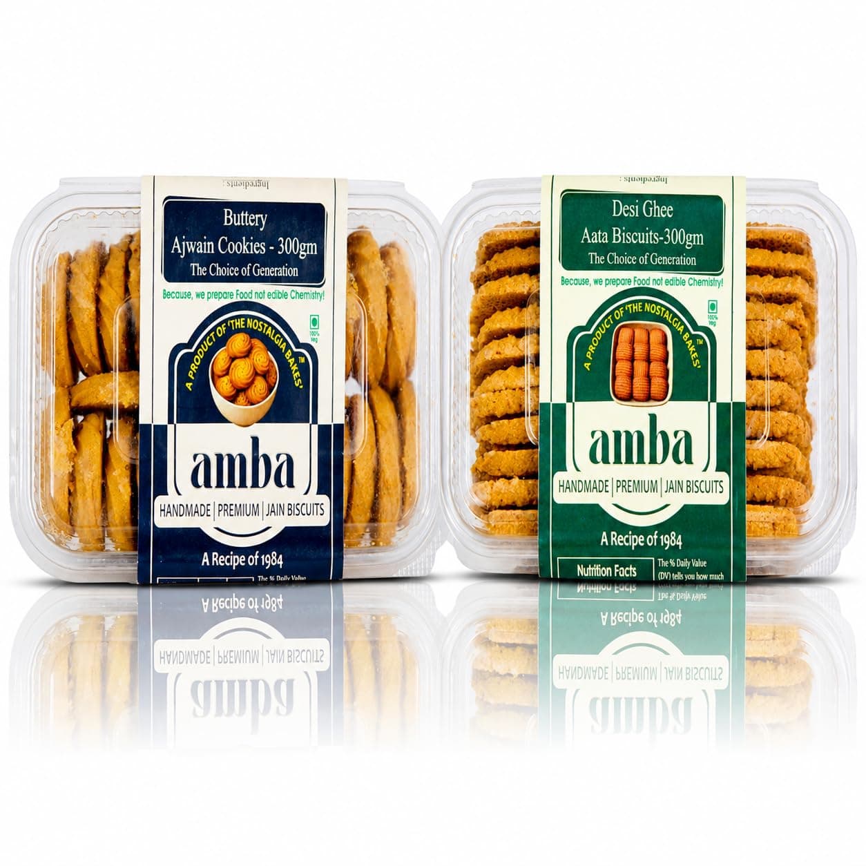 Amba Handmade Premium Jain Biscuits Combo | Buttery Ajwain Cookies & Desi Ghee Aata Biscuits | Traditional Bakery Style Cookies | 300g Each — image 2