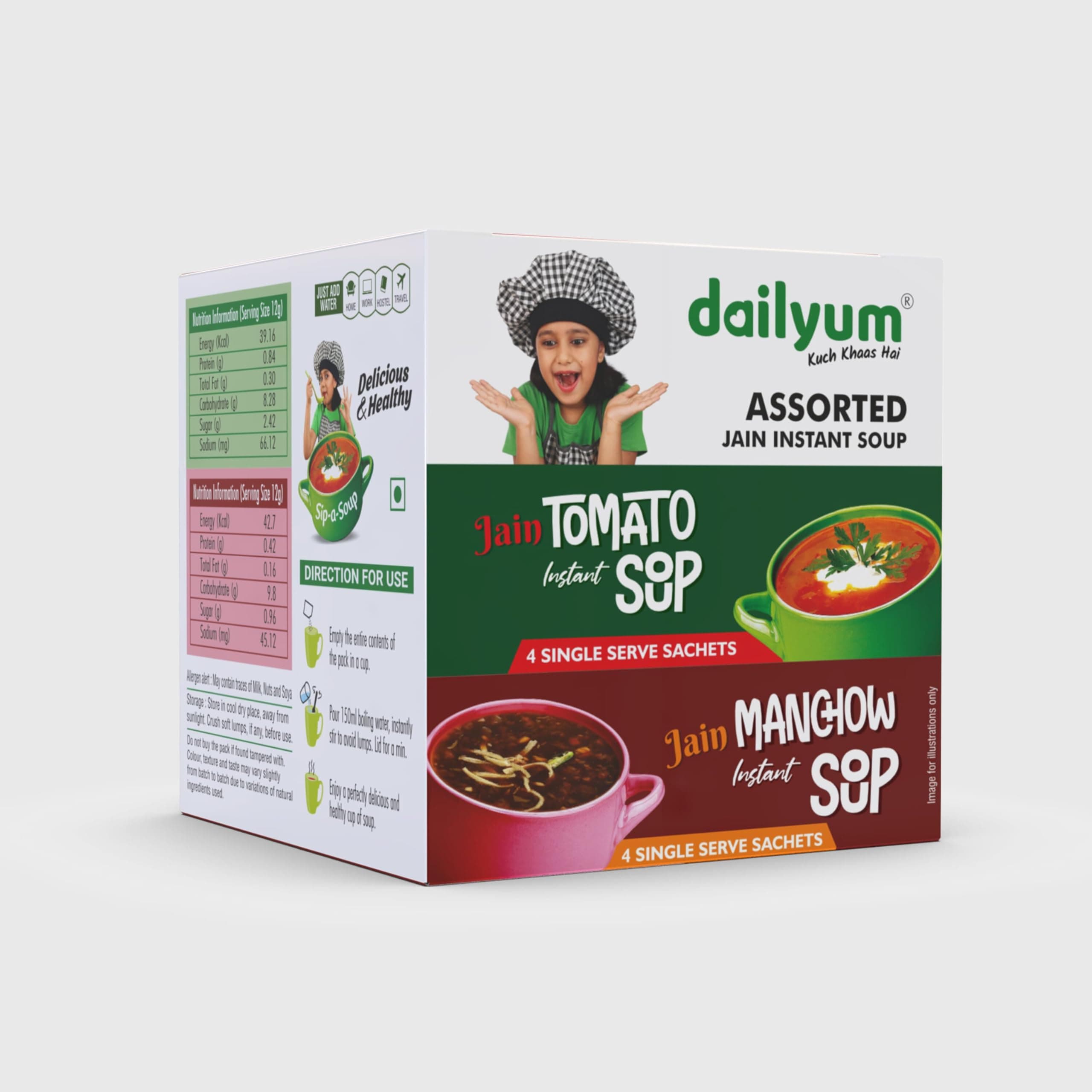 Dailyum Jain Instant Assorted Soup|Tomato and Manchow Soup| 8 Single Serve Sachets,4 Each | Just Boil-Stir-Sip | 12g Each Sip-A-Soup| Natural | No MSG | Pack of 2 Box — image 3