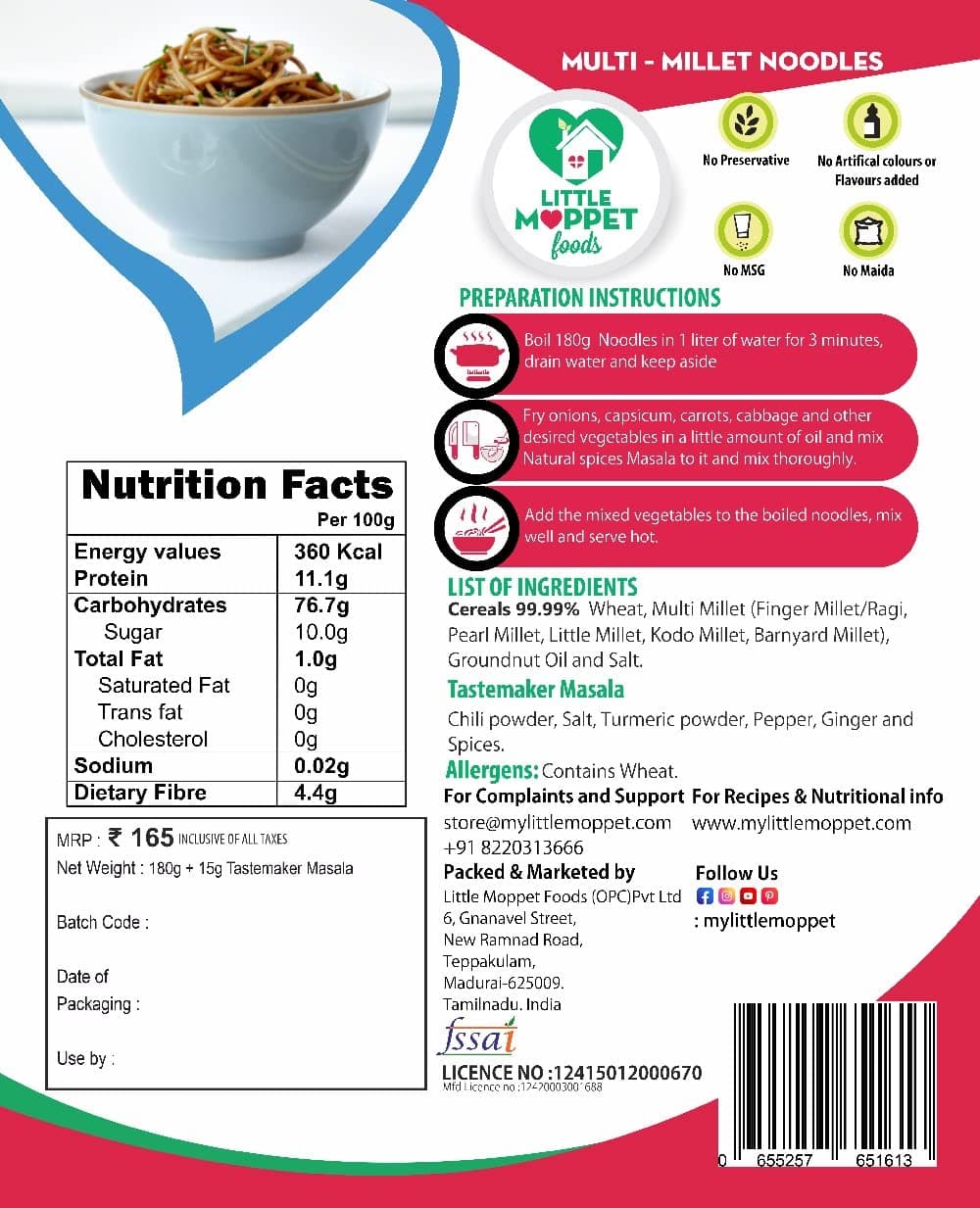 Little Moppet Foods Multimillet Noodles | No Maida, MSG, Preservative, Additives, Refined Oil | Sun Dried | Made with 5 Millet Supergrains |Vegetarian| Includes Tastemaker | Quantity - 195g — image 2