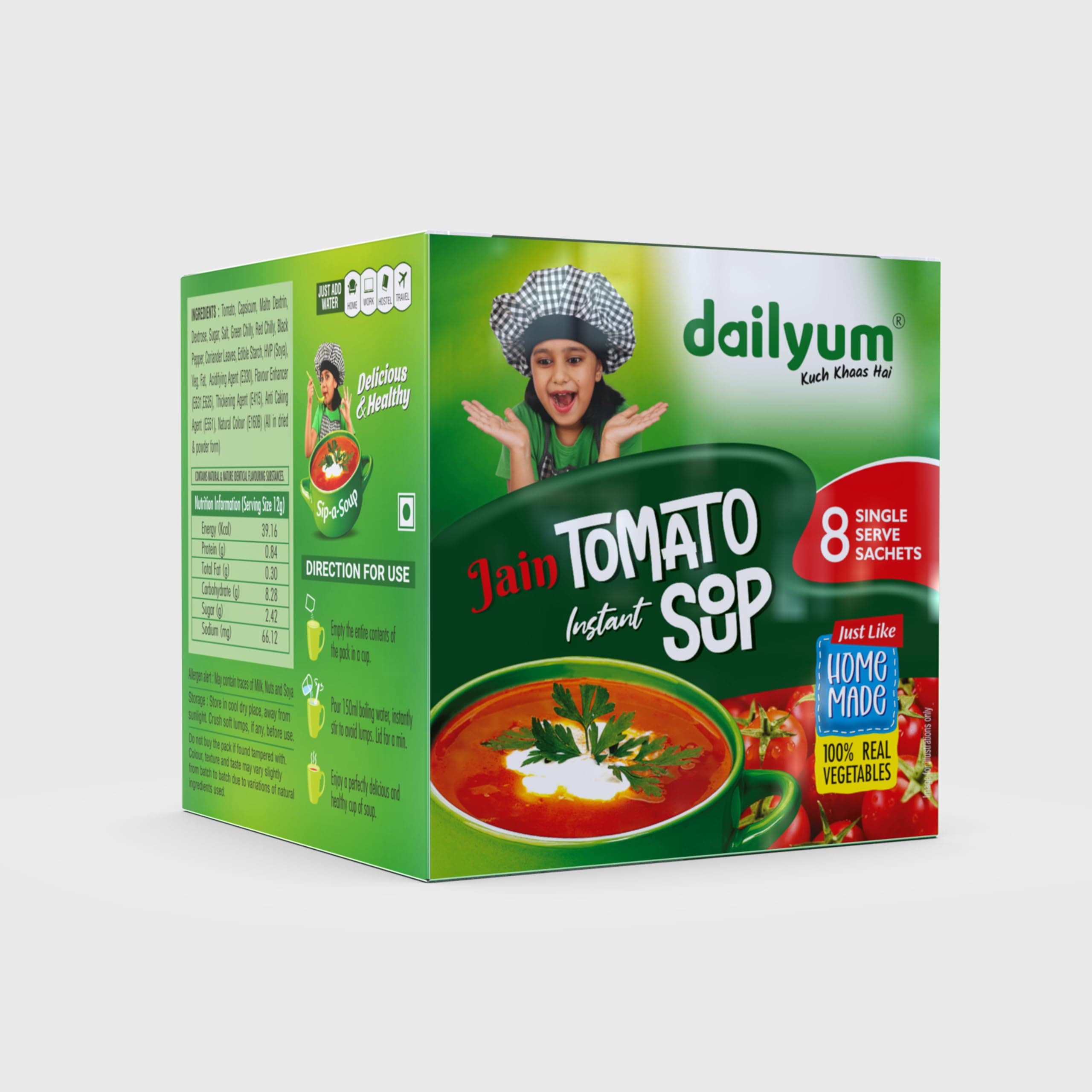 Dailyum Crispy Fried Noodles + Jain Instant Soup Box-Tomato and Manchow| 8 Single Serve Sachets,12g Each| Sip-A-Soup| Natural | No MSG | Pack of 3 Box — image 6