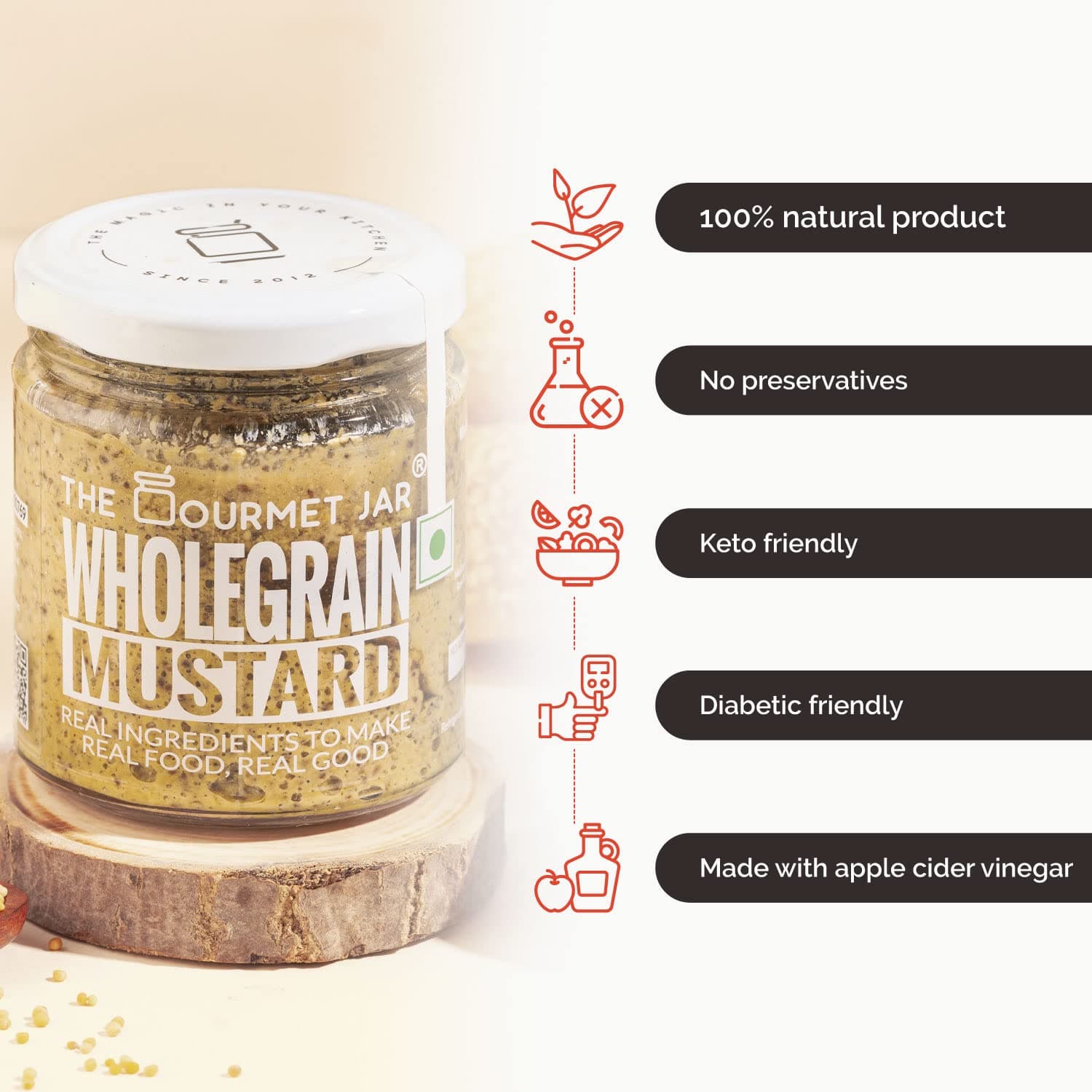 The Gourmet Jar Wholegrain Mustard| 170g| 100% Natural, No Preservatives, No Artificial Colors, No Artificial Flavouring agent| No Refined Sugar| Keto-Friendly| No Trans-fat| Traditional French style| Made with Red wine and Apple Cider Vinegar| Perfect condiment for your sandwiches, hotdogs and burgers| Pack of 1 — image 5