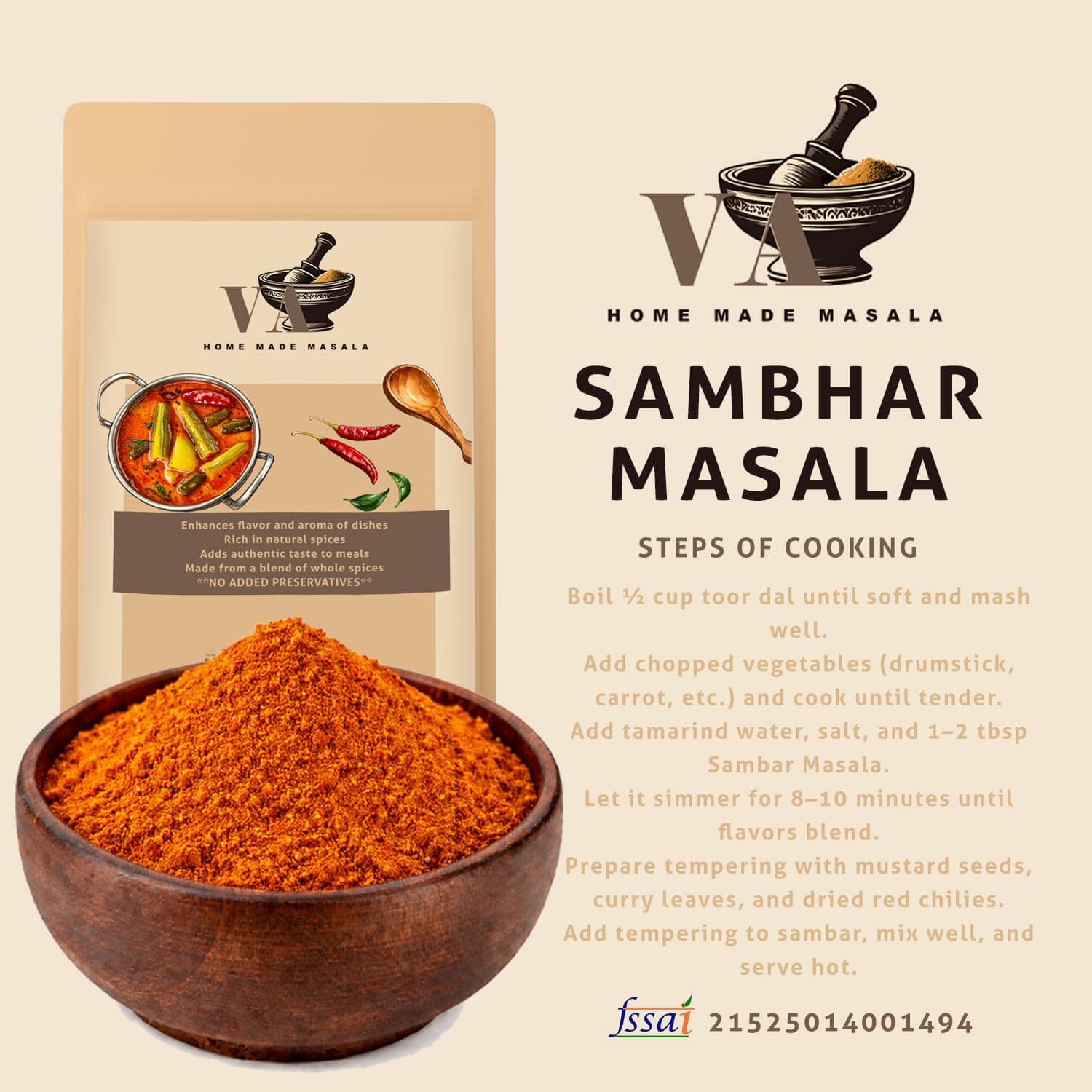 VA HOME MADE MASALA Sambhar Masala 500GM | Flavorful and aromatic Sambhar Masala with no added preservatives | Prepare Delicious Sambar At Home. No colour, no preservatives no onion & no garlic (Jain Masala) — image 3