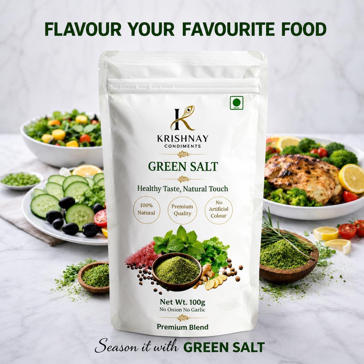 KRISHNAY Condiments Natural Green Salt Seasoning 100g | Herbal Mineral Salt Blend with Mint, Coriander & Spices | No Onion No Garlic Flavoured Salt Mix | Natural Masala Salt for Chaat, Salad, Fruits & Buttermilk — image 5
