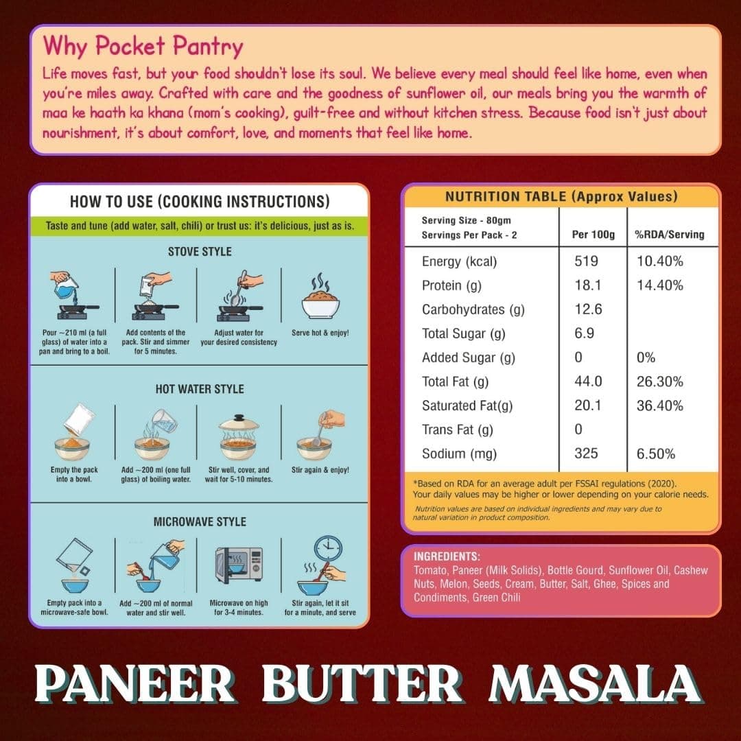 Pocket Pantry Ready to Eat Paneer Butter Masala(Jain) | Freeze Dried | Rehydrated Wt 280gm | No Palm Oil, No Preservatives | 100% Natural | Dry Wt 80g | Serves 2 |Instant Meal — image 2