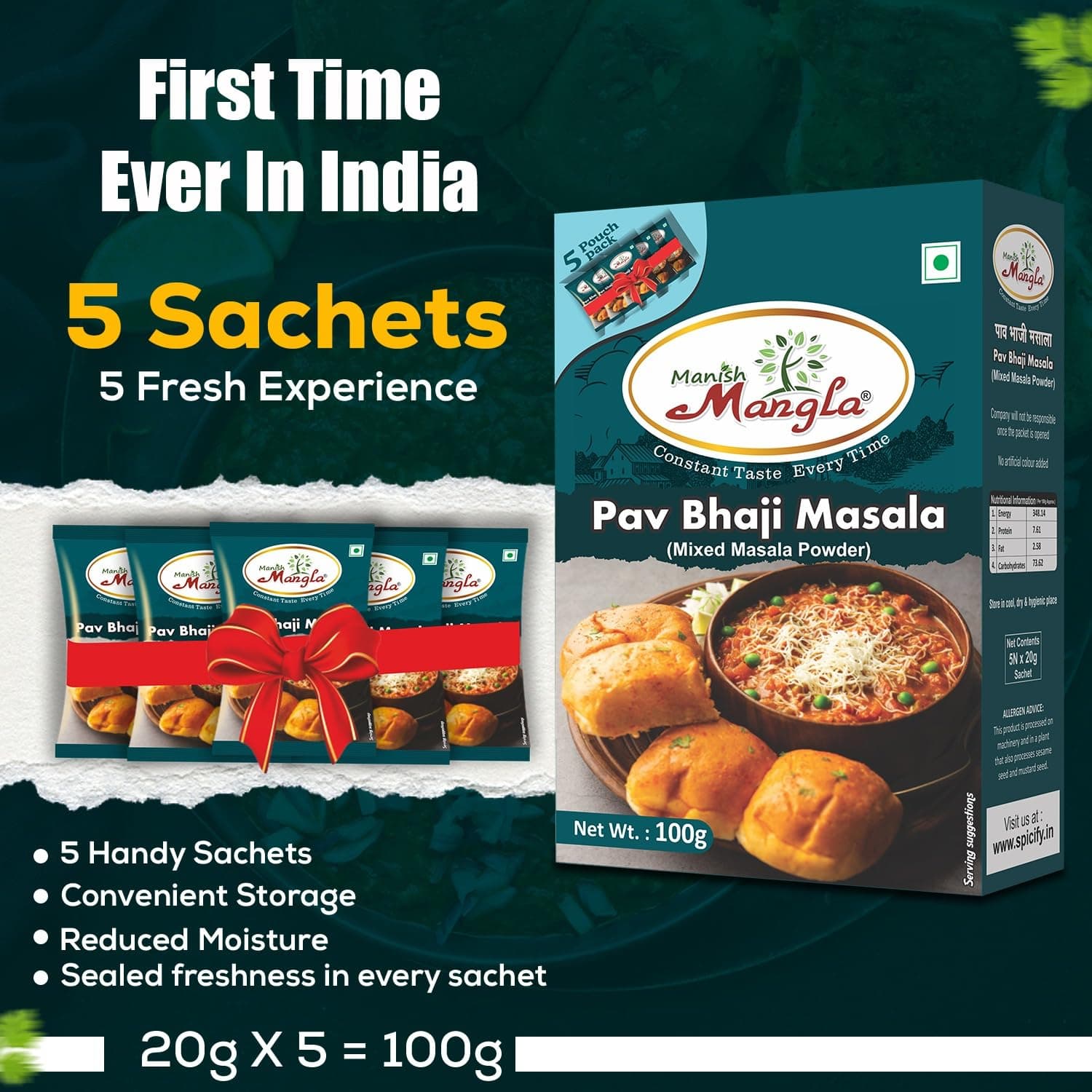 Manish Mangla Pav Bhaji Masala 100g | Mixed Masala Powder with 5 Fresh Sachets | Authentic Street Style Pav Bhaji Taste | Rich Aroma Spice Blend for Easy Cooking — image 2