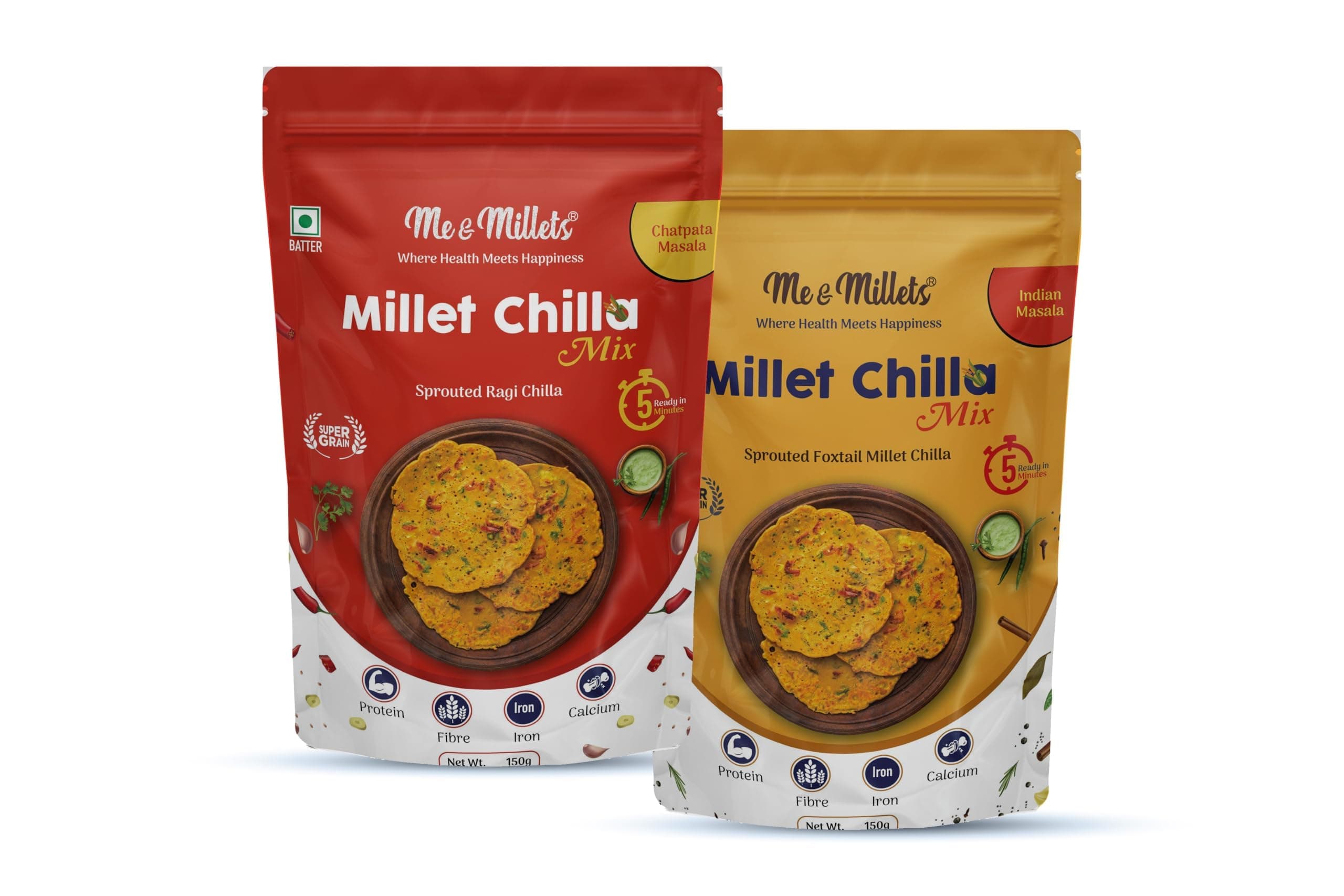 ME & MILLETS Sprouted Ragi Chilla & Foxtail Millet Chilla Mix Combo (150gX2) - Chatpata & Indian Masala, No Preservatives, Natural Healthy Protein & Fiber-Rich Breakfast For Family (Jain Friendly) — image 10