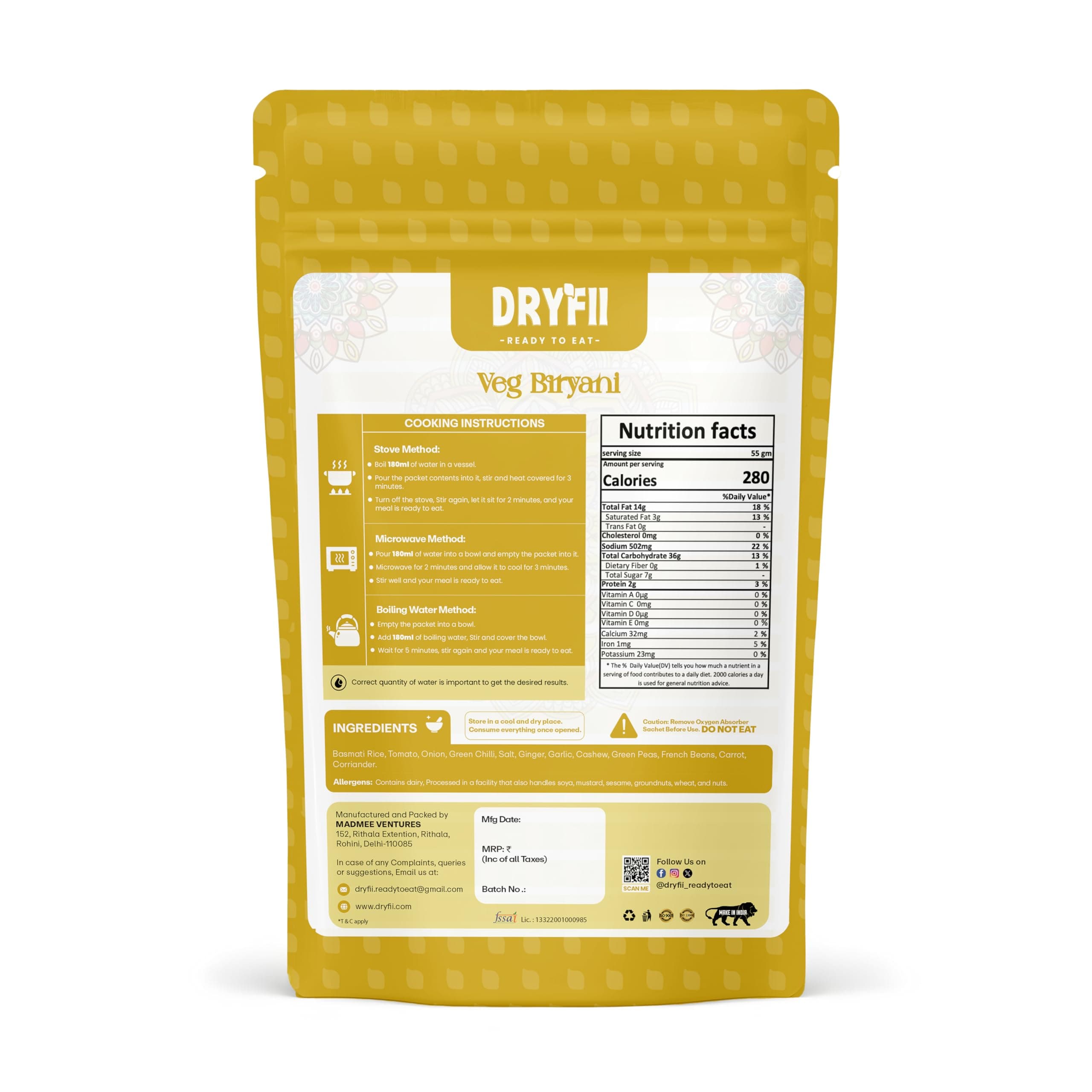 Dryfii Ready-to-Eat Palak Paratha (5 Pcs | 1 Pack) with Jain Biryani | No Onion No Garlic Veg Meal | Pure Vegetarian — image 2