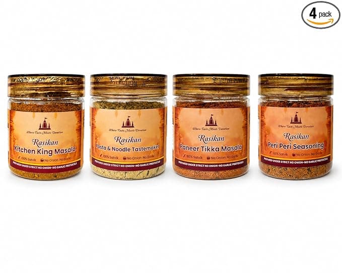 Rasikan Jain Satvik Masala Combo – Peri Peri, Kitchen King, Pasta Noodle & Paneer Tikka (320g) | No Onion No Garlic | Freshly Ground Small Batch Spices | No Added Colour or Preservatives | Perfect for Bhog, Satvik & Everyday Cooking