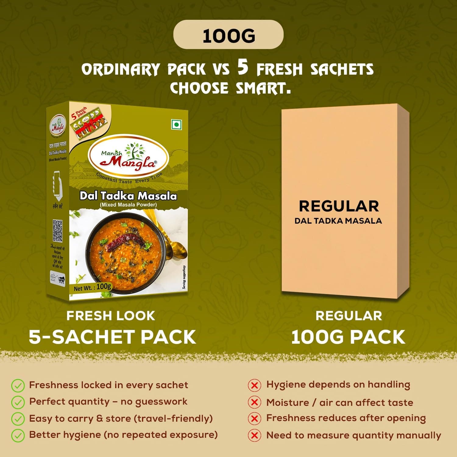 Manish Mangla Dal Tadka Masala 100g | Authentic Indian Spice Mix | No Onion No Garlic | Fresh Hygienic Pack | Perfect Blend for Rich & Flavorful Dal — image 3
