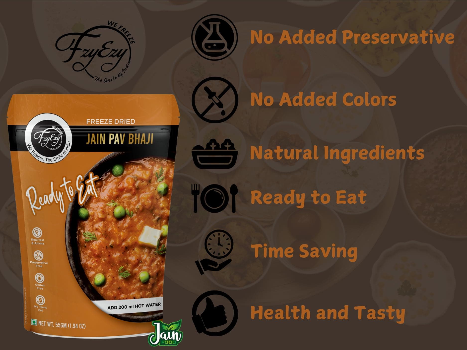 FzyEzy Freeze-Dried Jain Pav Bhaji – 55g | Indian Classic Snack Delight | No Onion, No Garlic | Pure Veg | Gluten-Free | Preservative-Free | Instant Mumbai Street Food — image 5