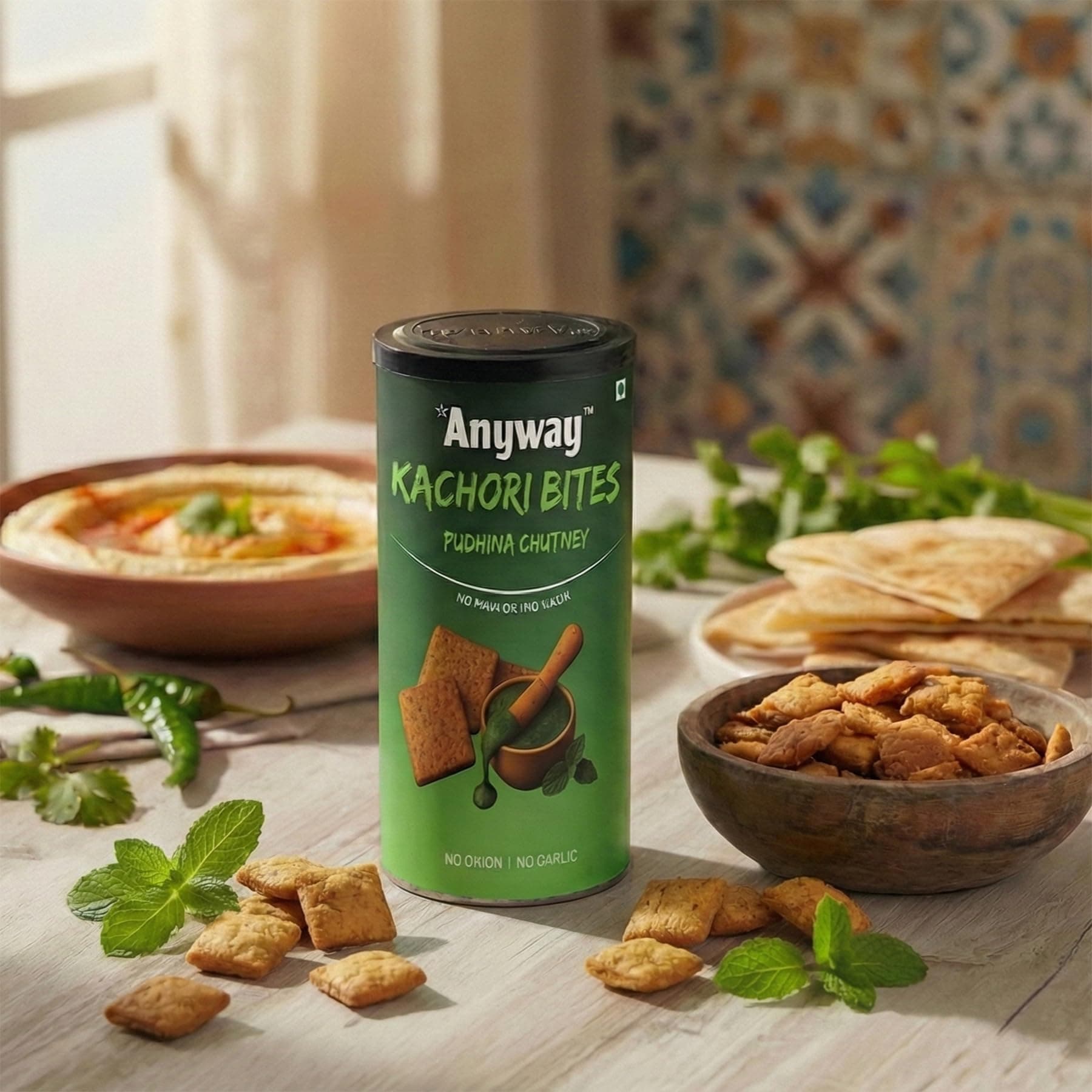 Anyway Kachori Bites Pudina Chutney | No Maida No Palm Oil | Multigrain Snack | Kota's Bold Street Kachori in a Pack | Refreshing Minty Flavour | No Onion No Garlic | | Anytime Snack | (120g - pack of 1, pudina flavor) — image 6