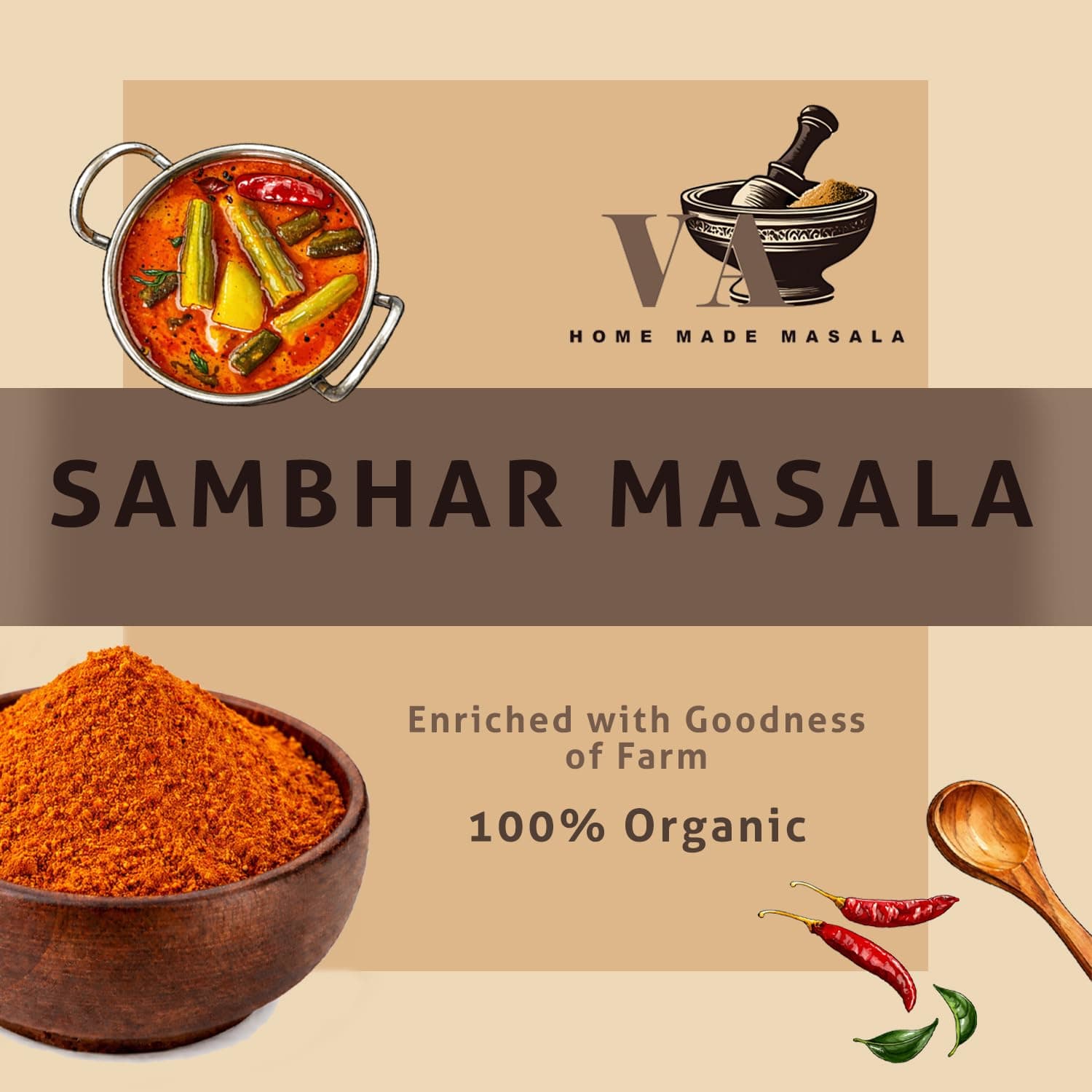 VA HOME MADE MASALA Sambhar Masala 500GM | Flavorful and aromatic Sambhar Masala with no added preservatives | Prepare Delicious Sambar At Home. No colour, no preservatives no onion & no garlic (Jain Masala) — image 2