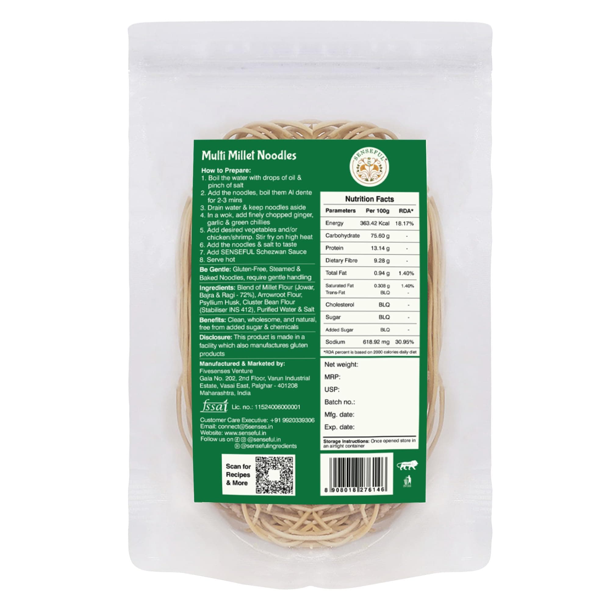 SENSEFUL Multi Millet + Oats Noodles Combo of 2 - Gluten-Free (Zero Maida & Zero Wheat), Source of Protein, High Fibre, Low Fat, Low Sugar & Non-Fried - 200 gm each — image 3