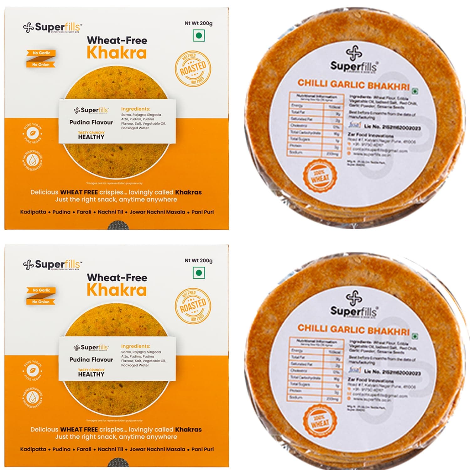 Superfills Combo Wheat-Free (Gluten Free) Pudina Khakhra | Chili Garlic Bhakhri Diet, Weight Loss, High Protein & Fiber - | Roasted Gujarati Snacks No Garlic & No Onion Chai Time (Pack of 2, 400g) — image 2
