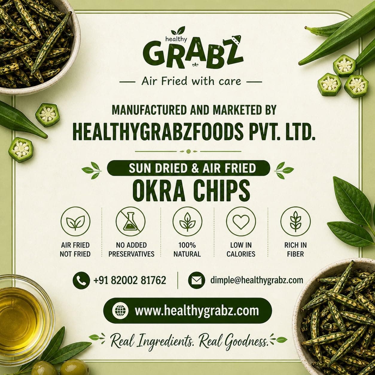 GRABZ Crispy Jain Bhindi Okra Chips without Onion ,Garlic | Air-Cooked, Solar-Dehydrated |No Palm Oil | No Maida | Zero Cholestrol, Gluten Free Vegan Snacks| Low Cholesterol | High Fiber |Olive Oil & Spicy Masala Flavor | 20g Each (Pack of 3) — image 8