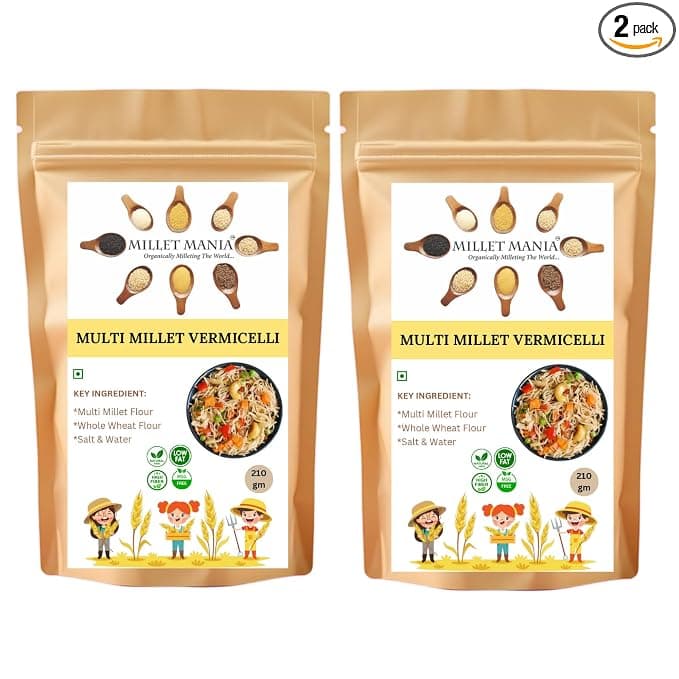 Millet Mania Multi Millet Vermicelli (210g) – 100% Natural, High Protein & Fiber | Quick-Cook Healthy Noodles for Kids & Adults | Ready in 5 Minutes (Pack of 2)
