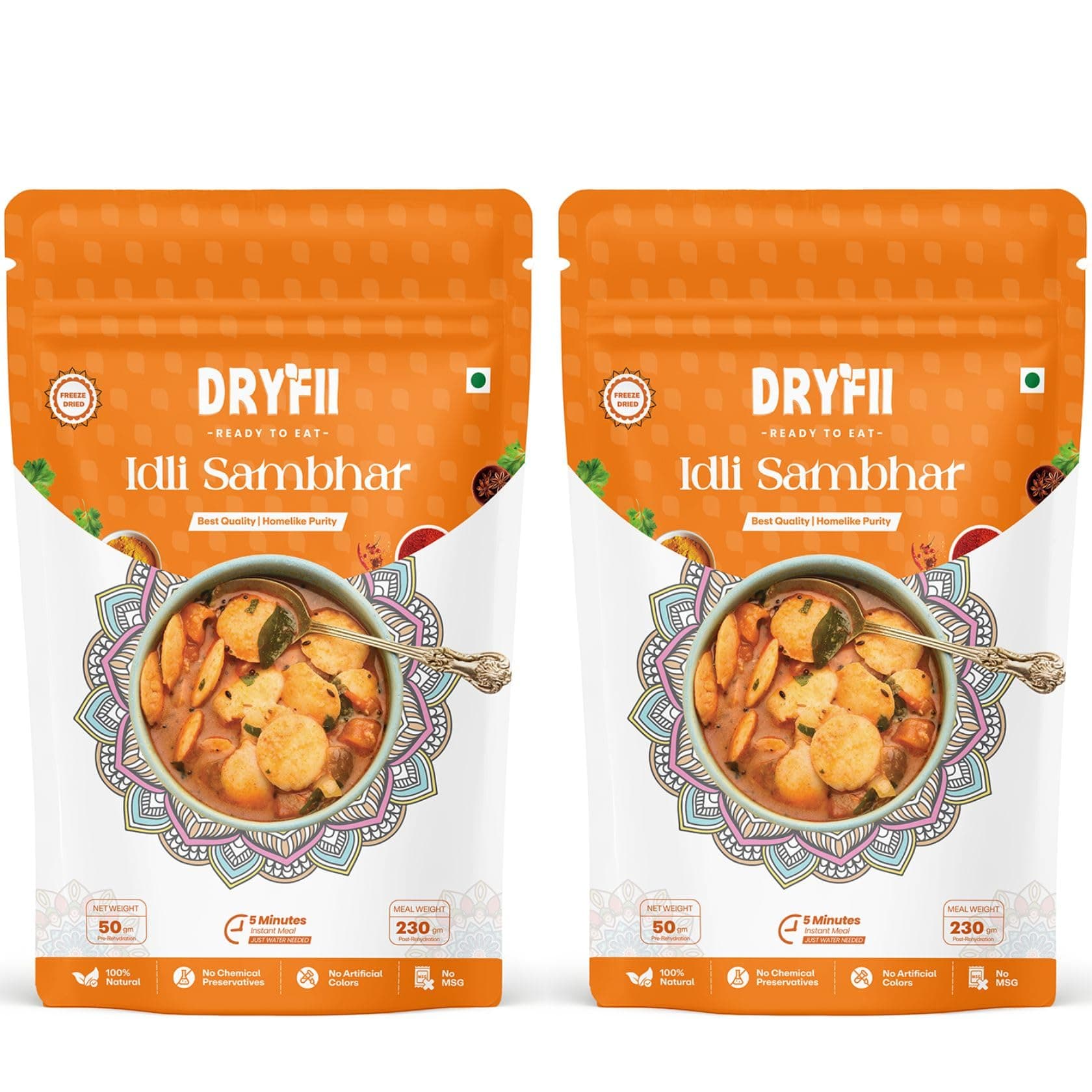 Dryfii Ready-to-Eat Instant Jain Idli Sambhar | Pure Veg | Freeze Dried | No Onion, No Garlic | Rehydrated Weight 460 g