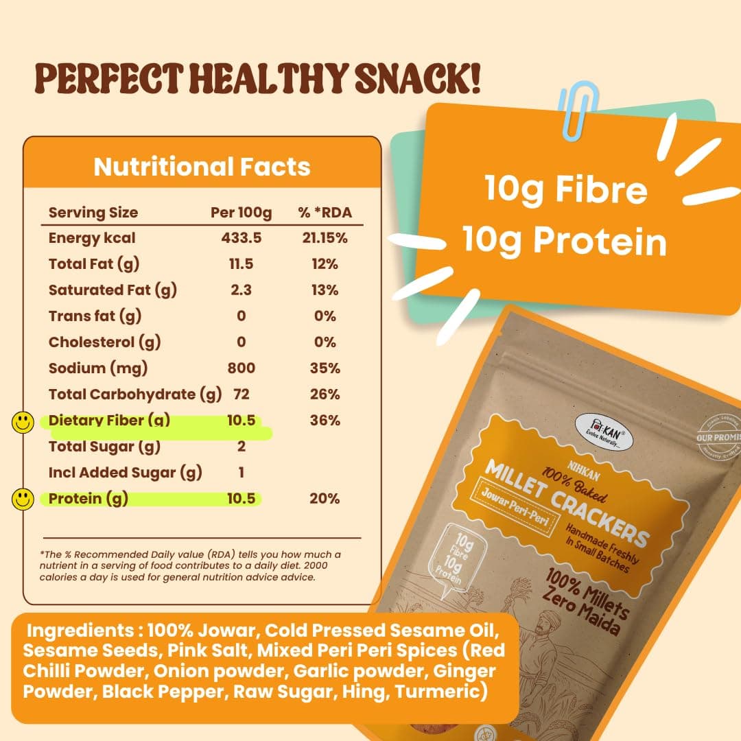 NIHKAN Jowar Millet Crackers - Gluten free | No Maida | High protein | High Fibre - Handmade & baked chai time guilt free snacks - Healthy Millet Snack - No Preservatives & No Baking soda - 100g each (Jowar Peri-Peri Flavour) — image 2