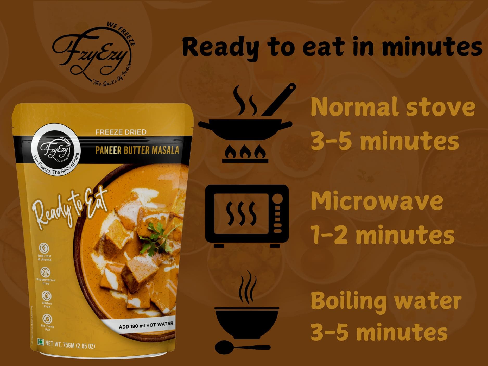 FzyEzy Freeze-Dried Jain Paneer Butter Masala – 75g | Instant Jain Indian Cuisine | Authentic No Onion, No Garlic Paneer Butter Masala Gravy | Jain Vegetarian Gourmet Delight | Ready-to-Eat | Gluten-Free | Preservative-Free Meal — image 8