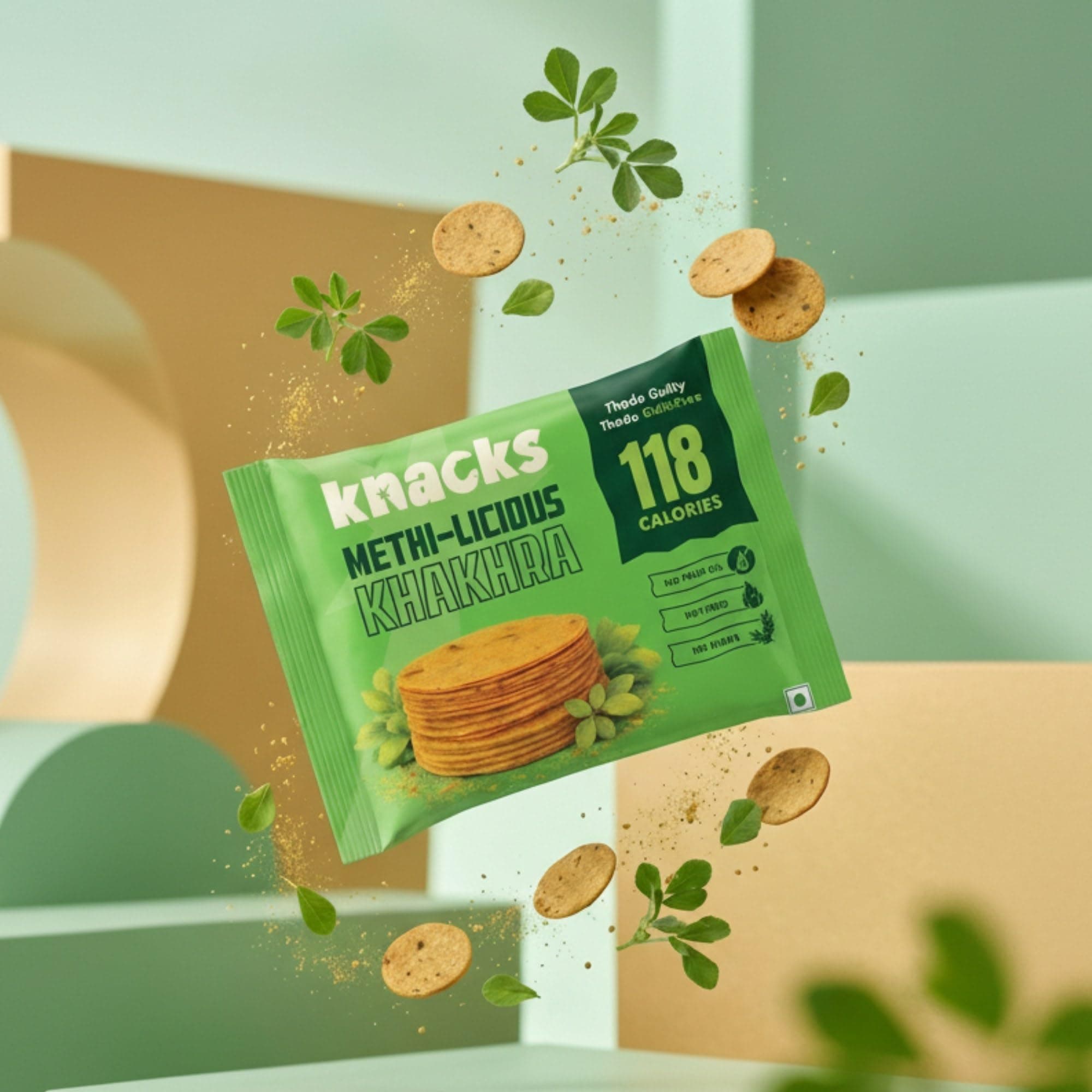 Knacks Methi-licious Khakhra Chips | Methi Masala Flavour Coin Khakhra | Pack of 6 (6 x 30g) | 118 Calories Per Pack | Jain Friendly, High Protein, Whole Wheat | No Palm Oil, No Maida, Not Fried — image 6