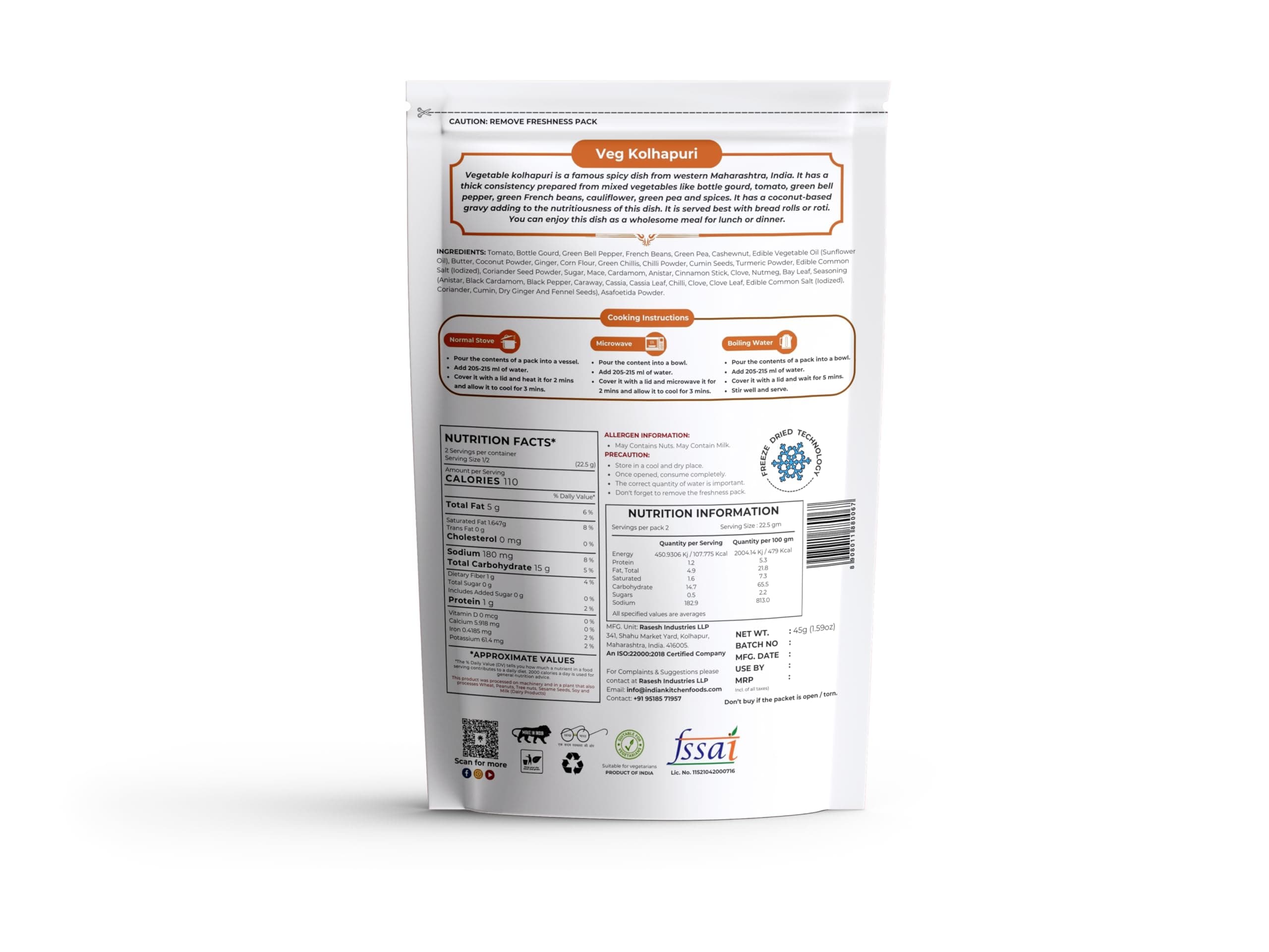 Indian Kitchen Foods Jain Veg. Kolhapuri |Freeze Dried Gluten-Free Ready to Eat Instant Vegetarian Meal - Rehydrated Wt. 260 gm — image 2